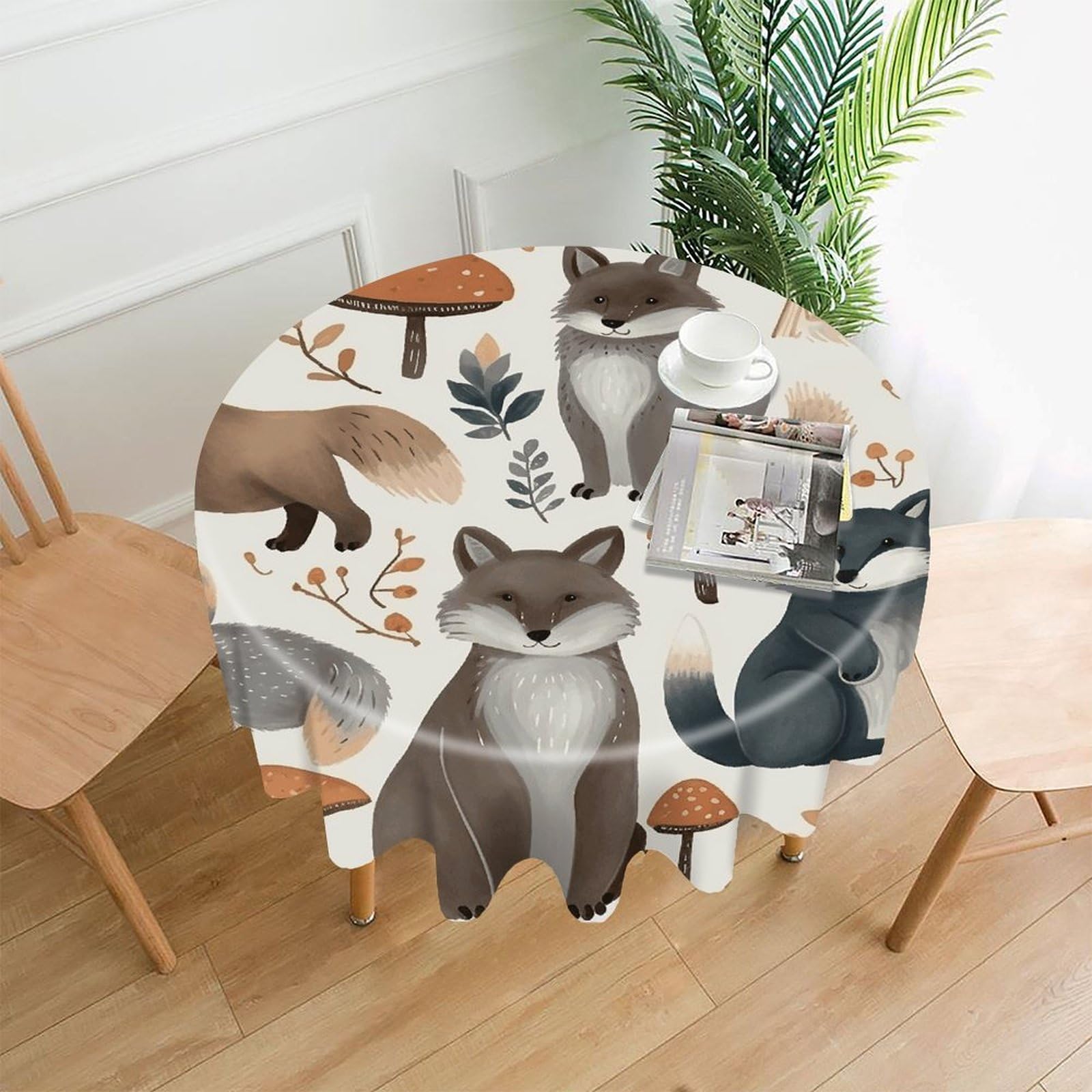 VstaDank Woodland Raccoon Animals Tablecloth Easy to Clean Polyester Round Table Cover Washable Round Table Cloth Wrinkle-Free Circle Decoration Tablecloth for Kitchen Dining Room 60"