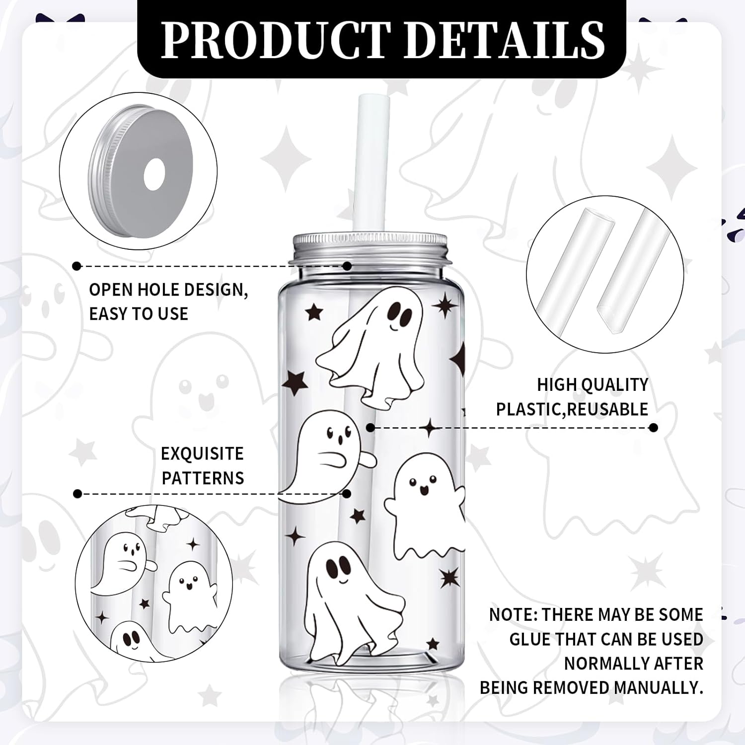 Whaline 20Pcs Halloween Plastic Cups with Lids and Straws Clear Ghost Party Drinking Cups Reusable Tumblers for Party Supplies - Image 3