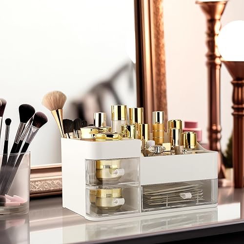 Miniatura 5 de Lirunshe Organizador de maquillaje para tocador, organizador de escritorio de gran capacidad con cajones para cosméticos, encimera de baño,