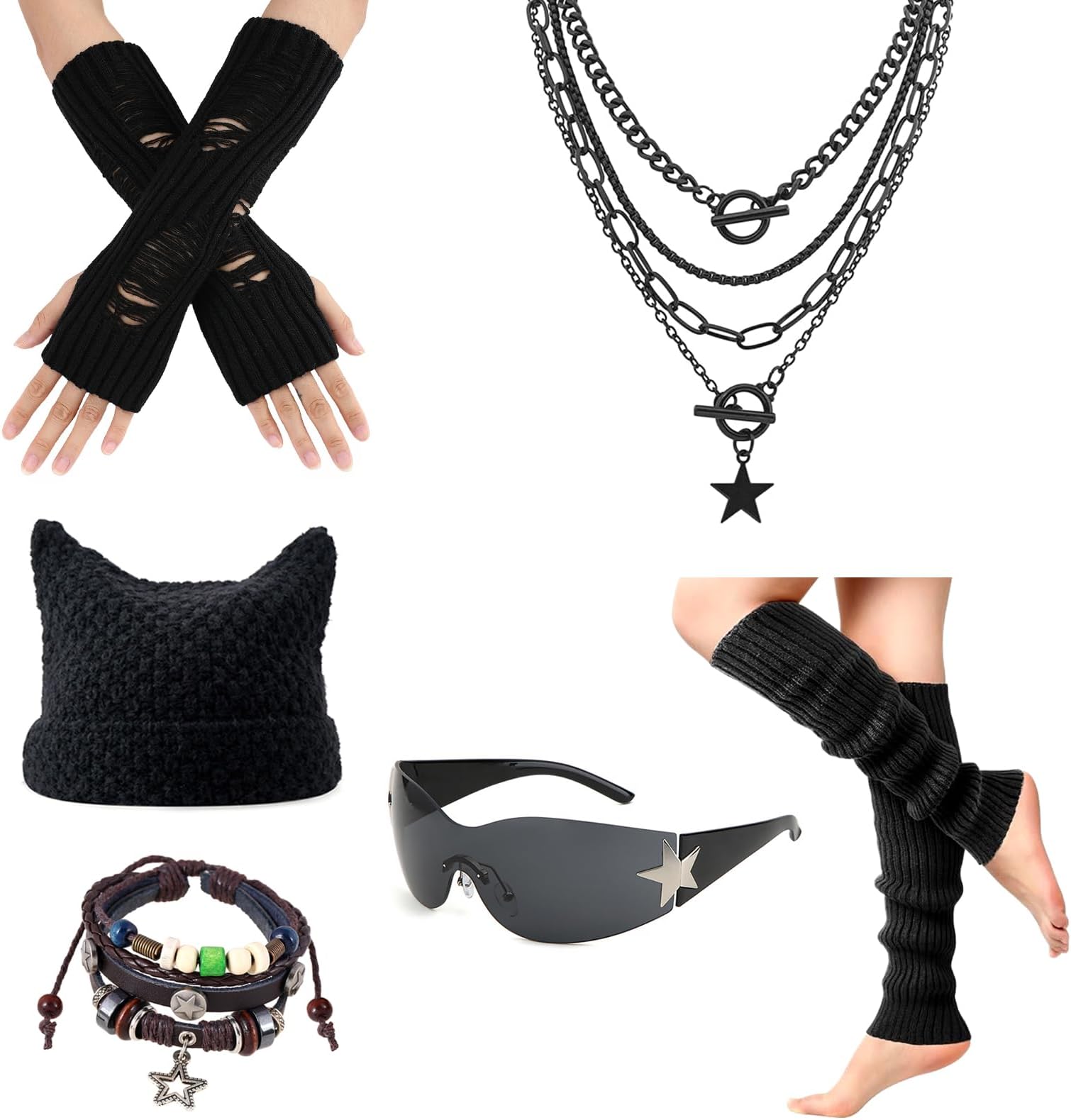 6PCS Therian Stuff,Y2k Jewelry Set with Grunge Necklace,Fingerless Gloves,Knitted Emo Beanie, Bracelet,Glasses,Leg Warmers