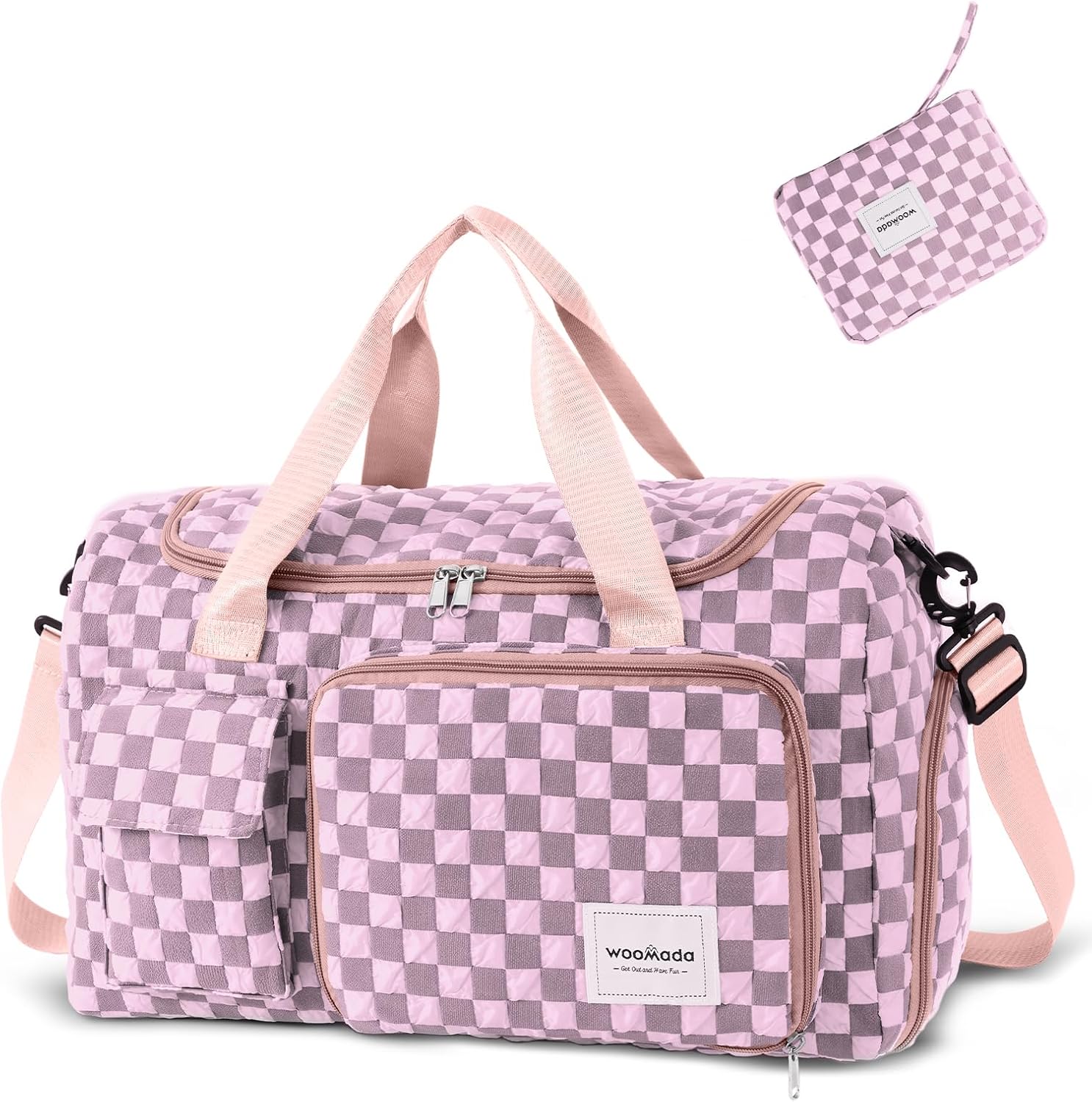 WOOMADA Foldable Travel Duffel Bag with Shoes Compartment, Overnight Bag with Wet Pocket & Trolley Sleeve, Weekender Bags for Women (pink checkerboard)