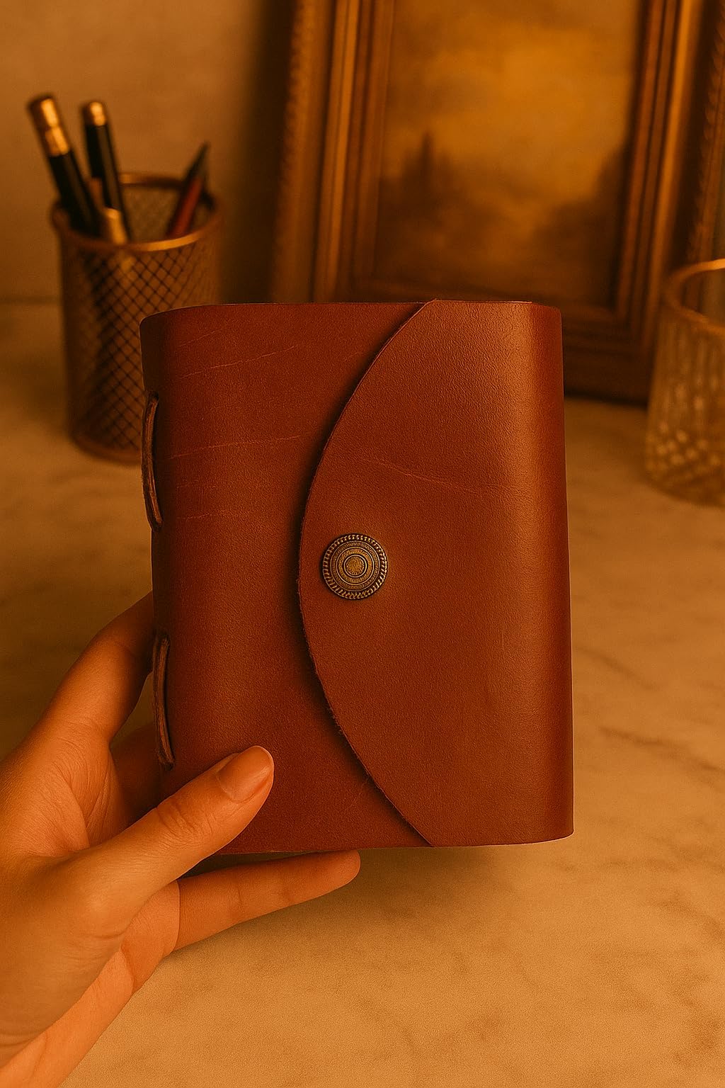 Handmade Leather Pocket Diary, 3.5x5 Inch, 100 Unruled Pages, Vintage Mini Notebook with Button Lock, Brown (Brown)