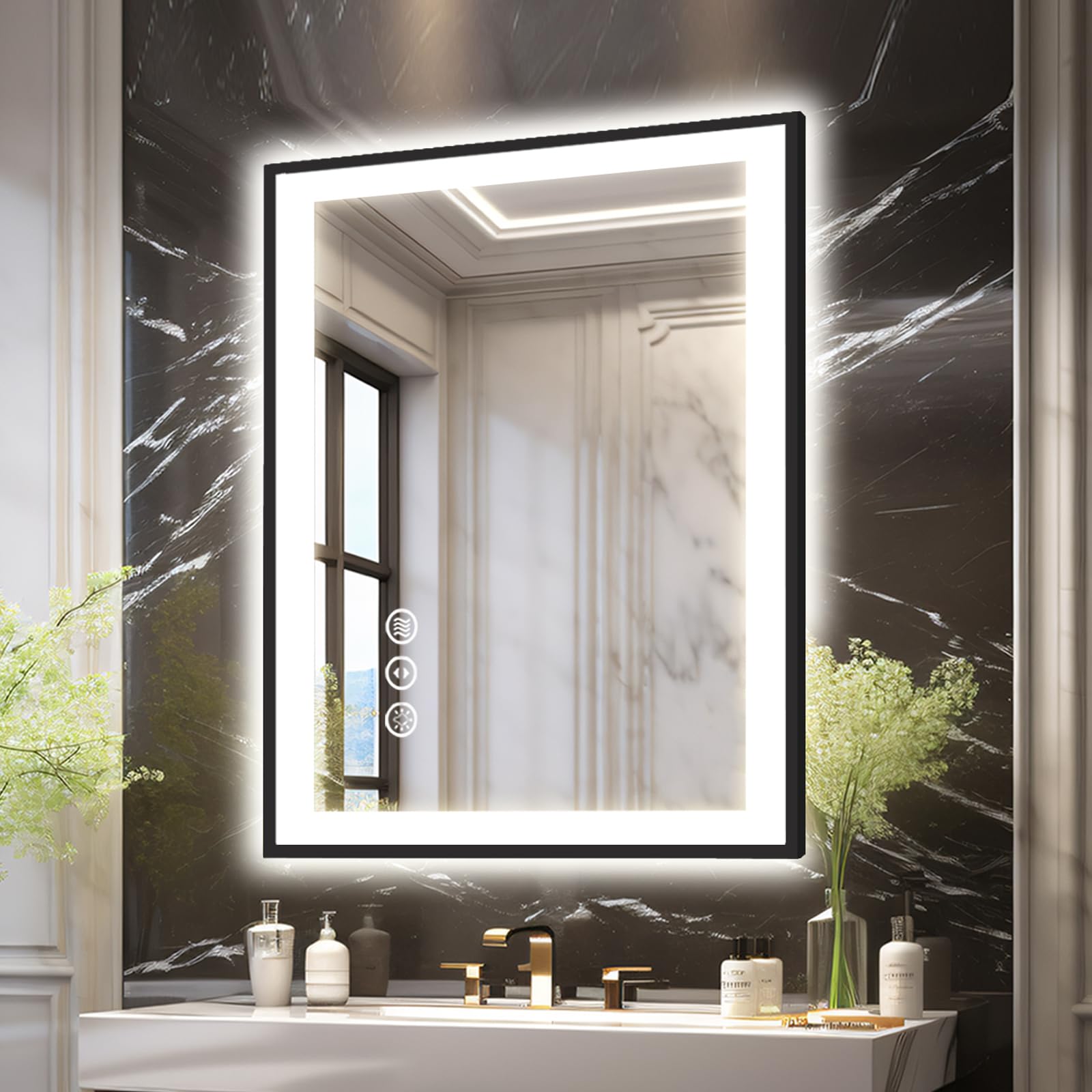 20x28 LED Bathroom Mirror for Wall, Black (Metal, Aluminum) Framed, Front Light and Backlit, 3 Colors and Dimmable Vanity Mirror, Anti-Fog, Shatter-Proof, Memory (Horizontal/Vertical)