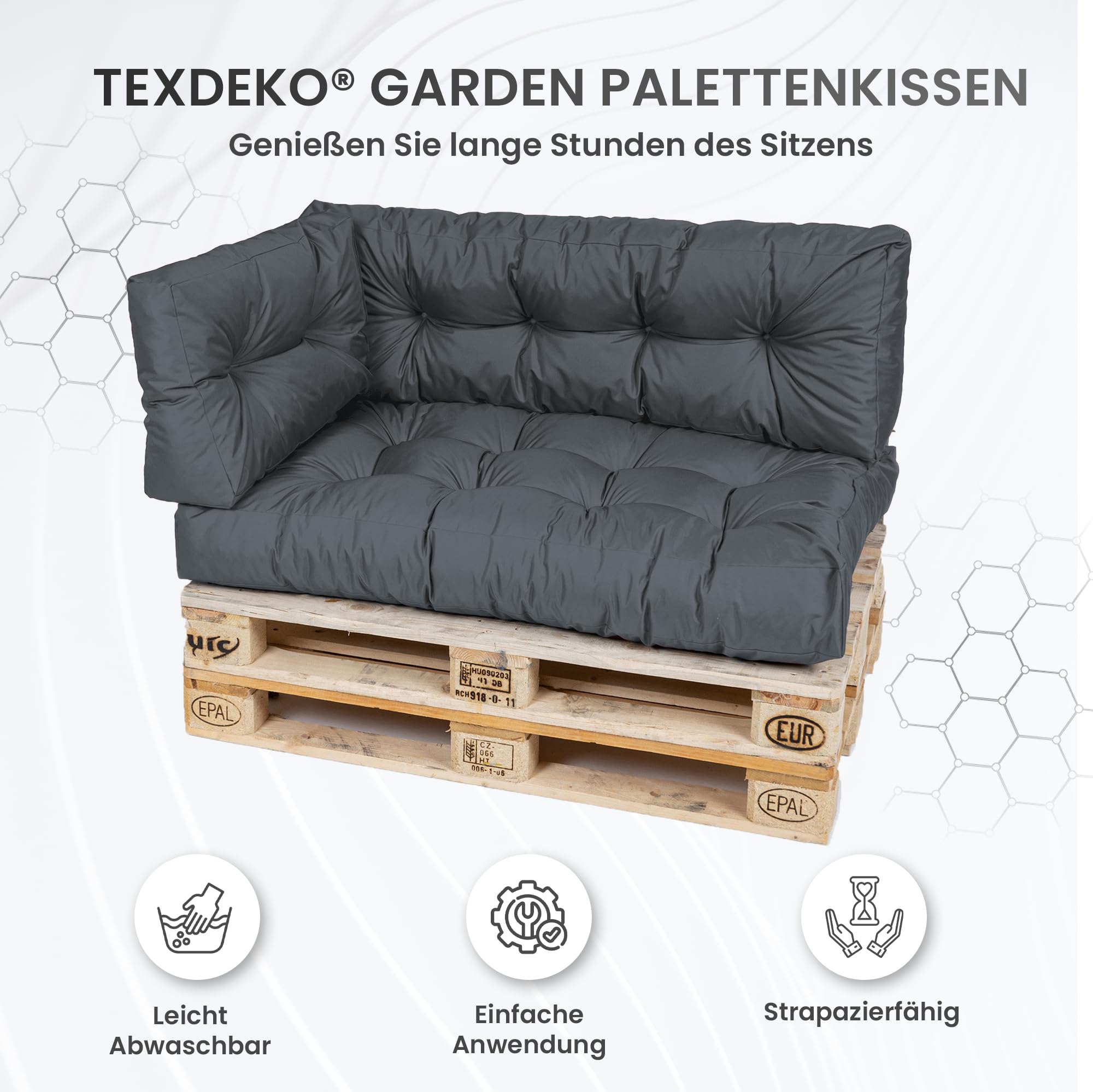 TexDeko® Garden Palettenkissen 120x80x18cm wasserabweisend UV - beständig In- & Outdoor Premium Sitzkissen gesteppt Palettenauflage für Europaletten (3-TLG Set, Anthrazit)