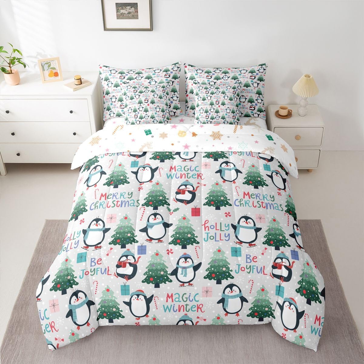 Erosebridal 7 Piece Christmas Queen Comforter Set with Sheets Cartoon Santa Claus Snowman Bed in A Bag Winter Christmas Decorations Bedding Set for Kids Boys Girls,Winter Holiday Bed Sets