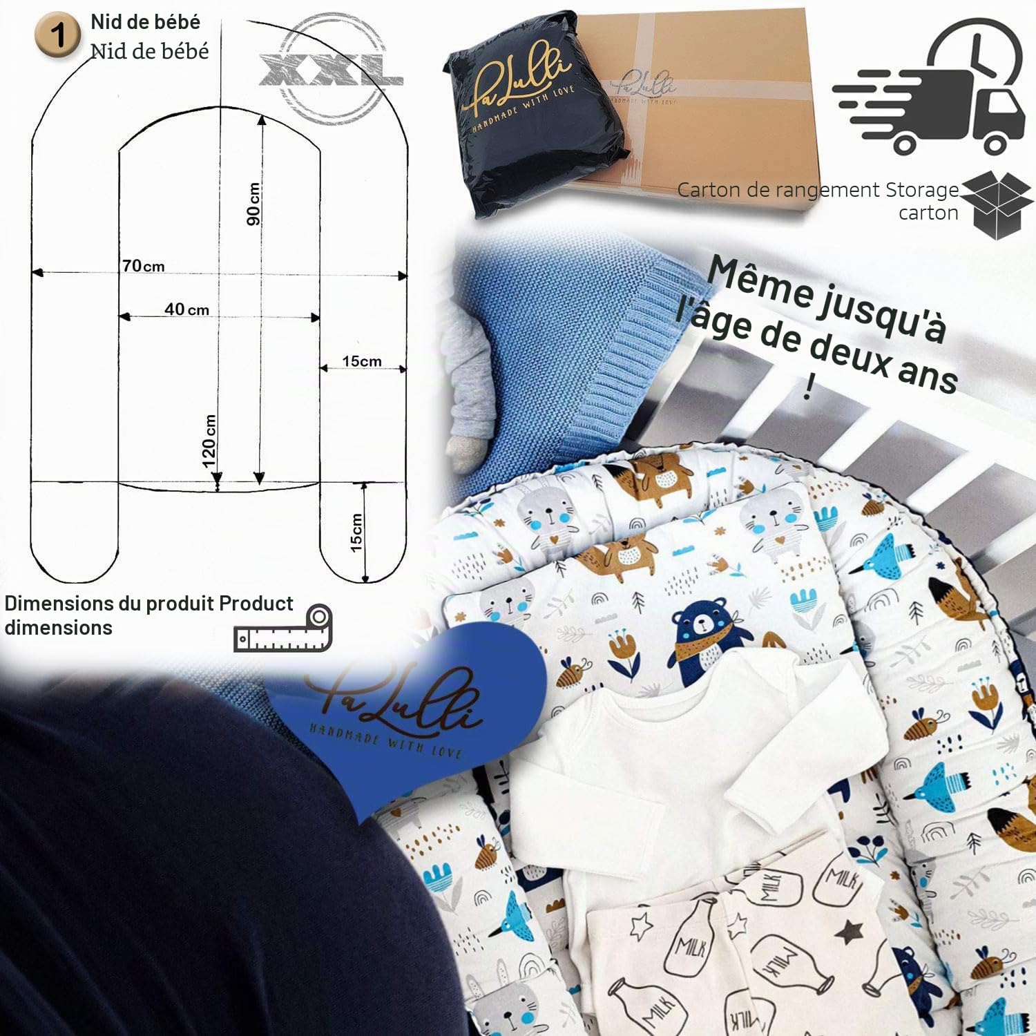 PaLulli Nid de bébé XXL - 120 x 60 cm - Cocon de bébé - Double Face - 100% Coton - pour lit de bébé, lit de Voyage pour bébé et Nourrisson