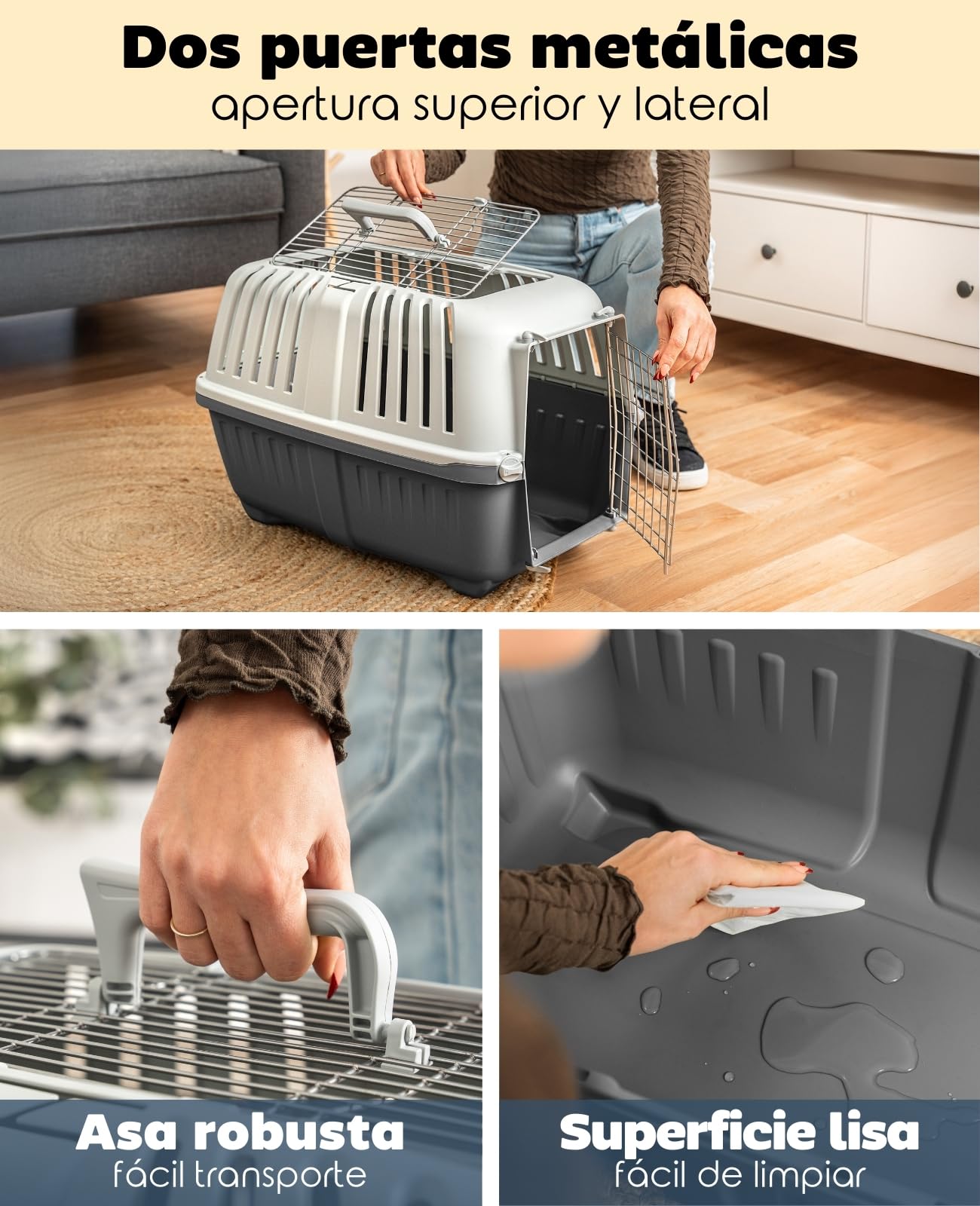 lionto Caja de Transporte 58,5x35,5x40 cm, plástico con Rejilla metálica, con asa y Cierre, para Perros, Gatos y Animales pequeños de hasta 15 kg, Gris