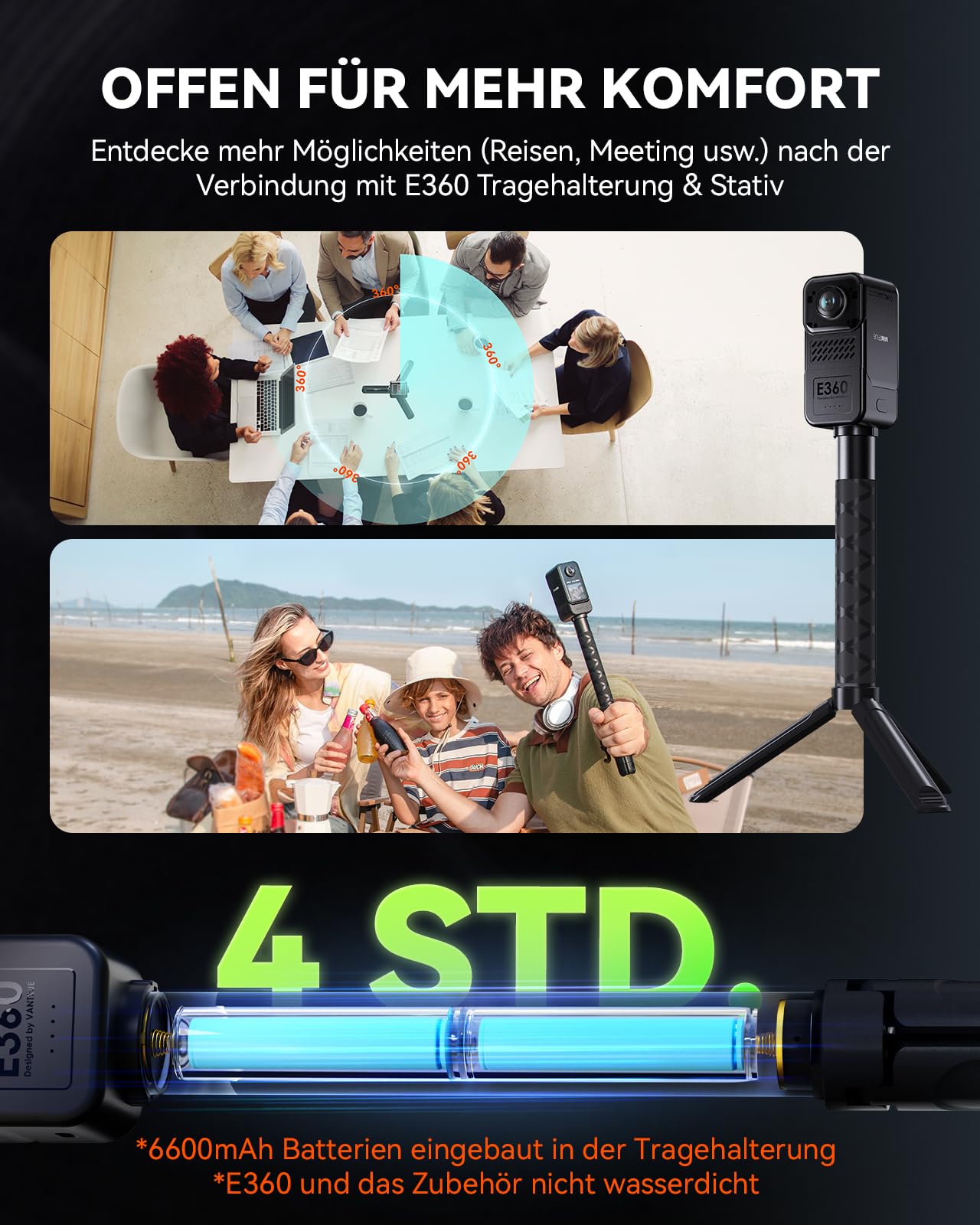 VANTRUE E360 Panorama Dashcam Auto Vorne Innen, 1.54″ Touchscreen | Dual STARVIS 2 HDR Dash Cam, 360° Parküberwachung mit WiFi App, GPS, max. 1TB Erweiterbar (Heckkamera/Tragehalterung)