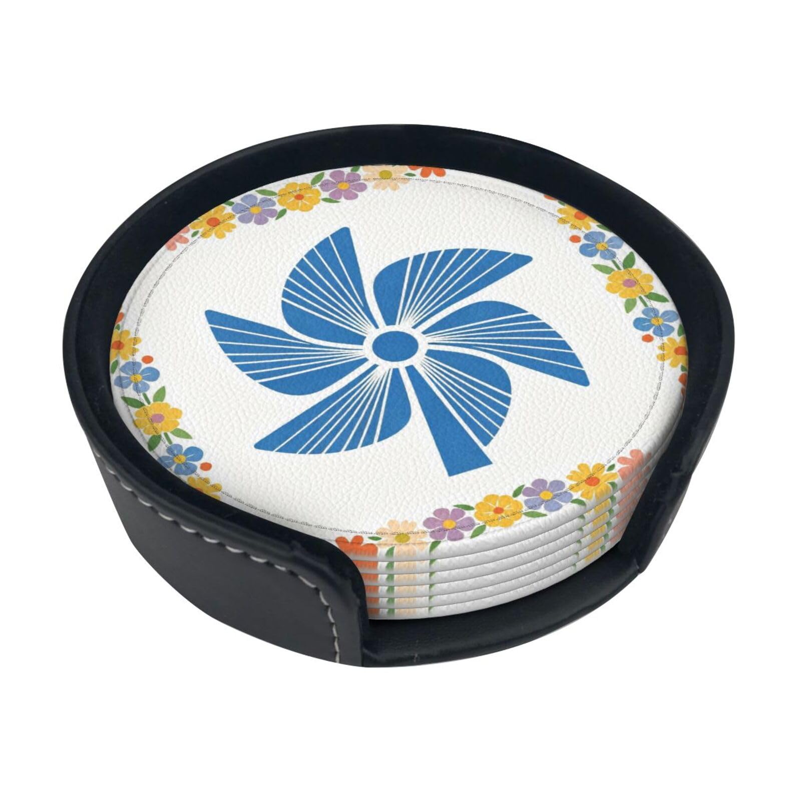 Cntdbu White Blue Windmill Art Leather Coasters Set Of 6-Pu Leather Drink Mats For Table, Heat Resistant Round Coasters With Holder