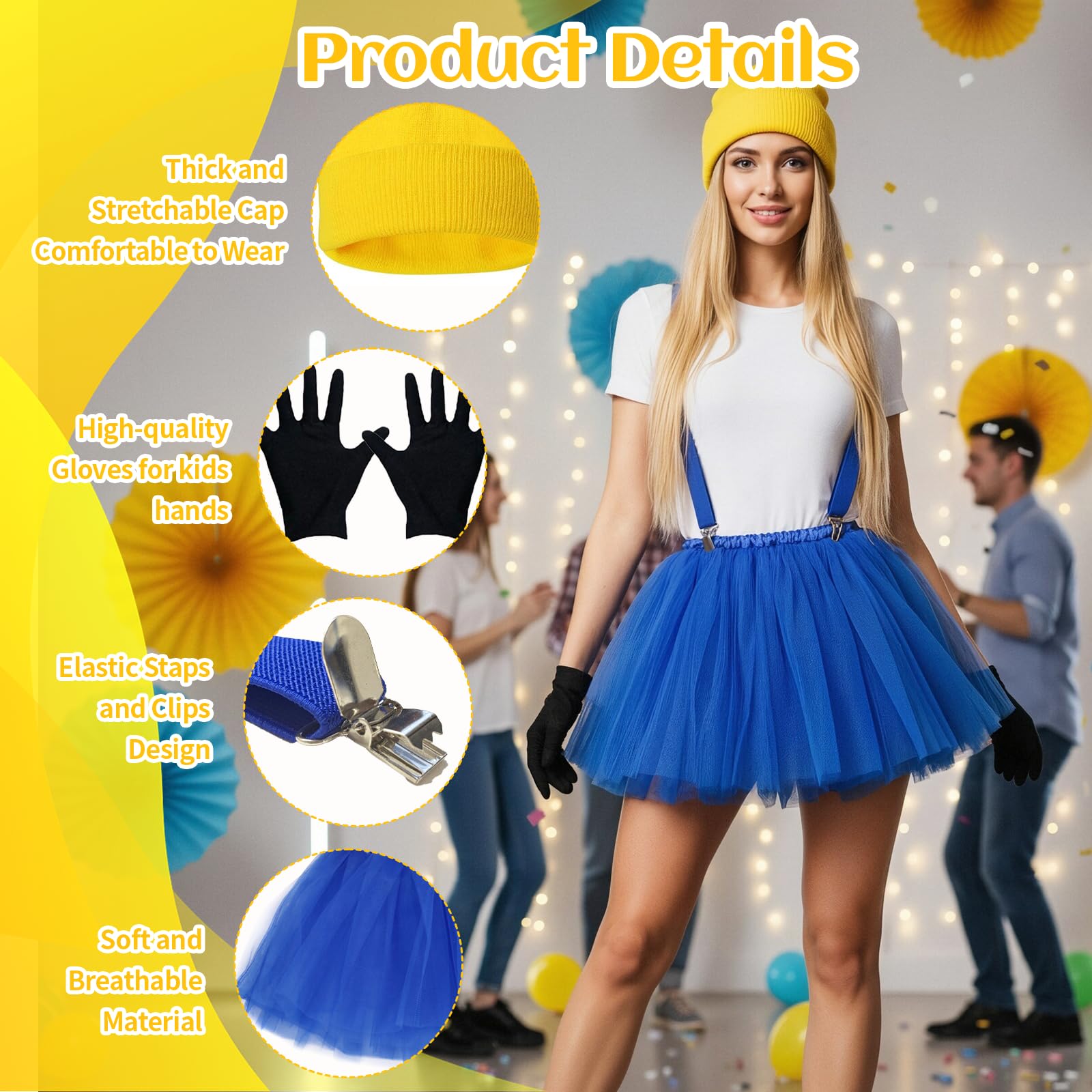 YAEGIMHT Yellow Costume Accessory Set, World Book Day Carnival Cosplay Costume, Include Hat, Goggles, Suspenders, Gloves - Image 3