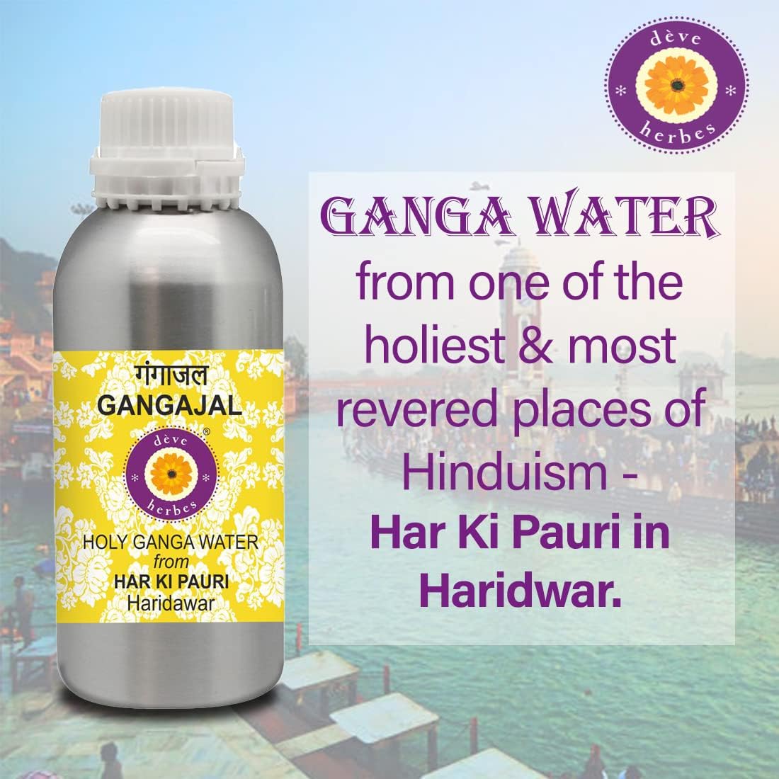 dève herbes Gangajal Holy Ganga Water from Har Ki Pauri Haridwar in Aluminium Bottle 1250ml