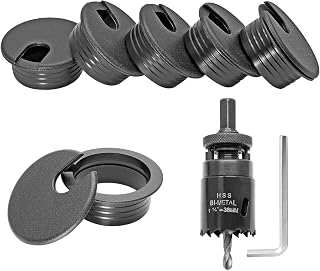 Jersvimc 1-1/2 Inch Cord Desk Grommet (5Pcs) and Hole Saw Kit, Black Wire Hole Cover Furniture Cable Grommet Drill Bit Set Bi-Metal Hole Saw Cover for Table Office Desktop