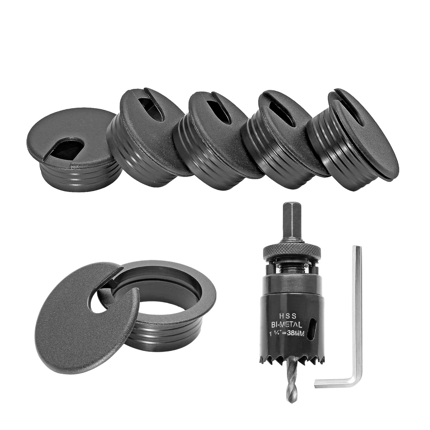 1-1/2 Inch Cord Desk Grommet (5Pcs) and Hole Saw Kit, Black Wire Hole Cover Furniture Cable Grommet Drill Bit Set Bi-Metal Hole Saw Cover for Table Office Desktop