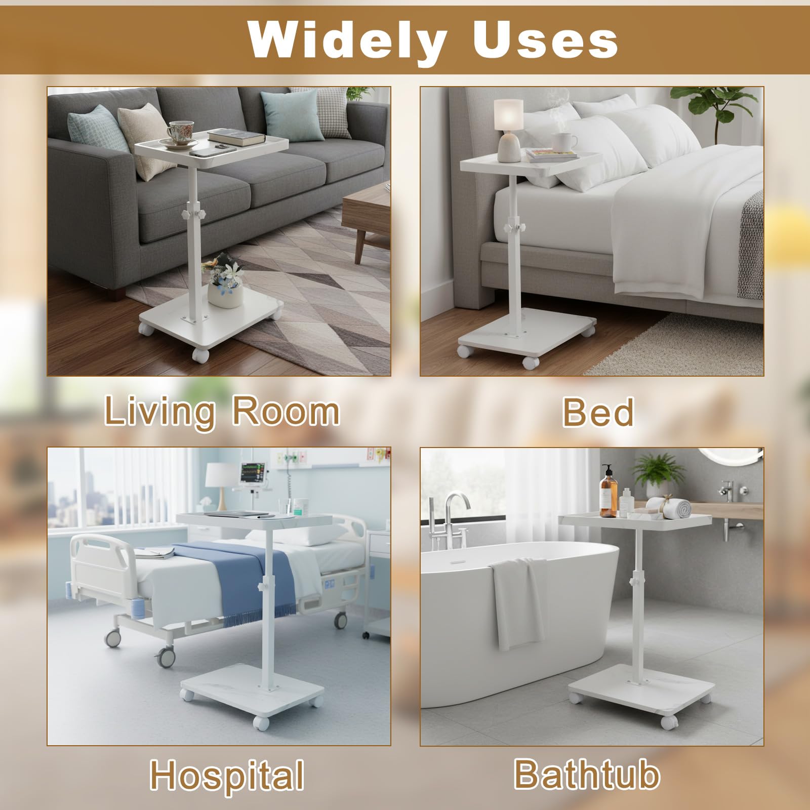 XUDREZ Mesa auxiliar ajustable, mesa pequeña en forma de C con 4 ruedas, bandeja giratoria de 364°, mesa auxiliar para sala de estar, dormitorio, sofá, espacios pequeños