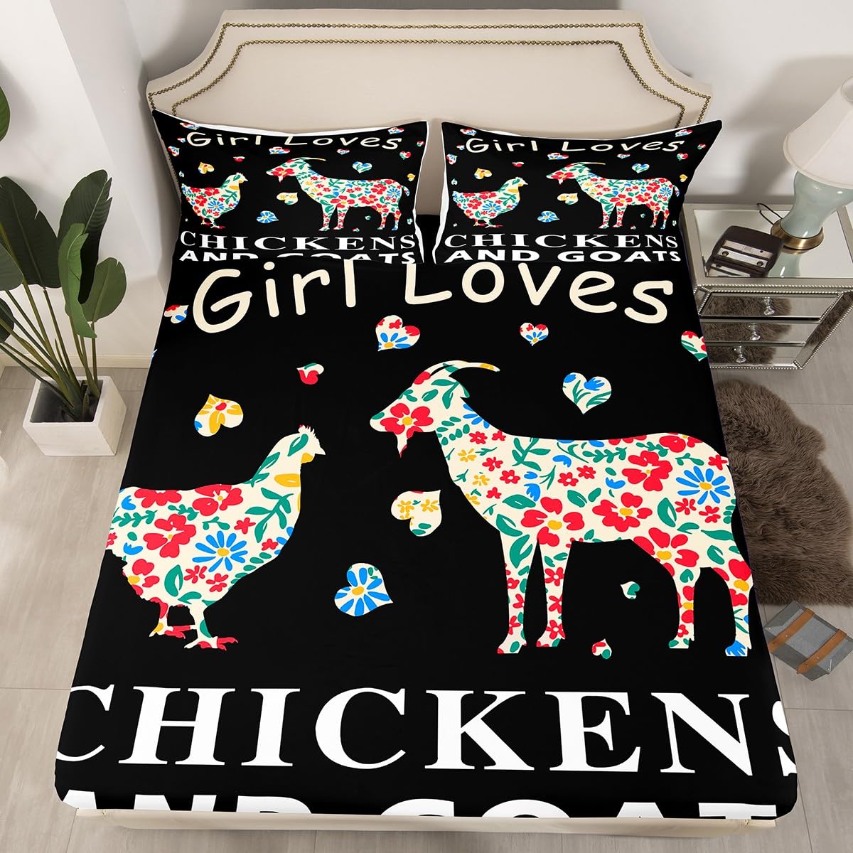 Juego de sábanas con estampado de cabra de gallina para niños y niñas, juego de sábanas decorativas de animales de granja para niños, mujeres y hombres, sábanas de pollo suaves con bolsillo profundo,
