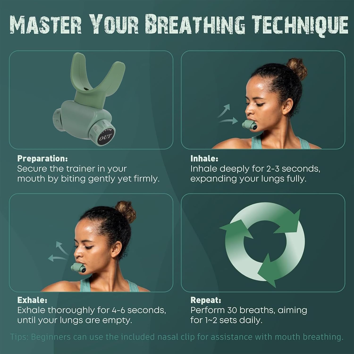 Lixada Advanced Breathing Trainer for Lung Capacity - 8-Level Adjustable Respiratory Exercise Device for Running, Swimming & Fitness with Case & Nose Clip(Green)