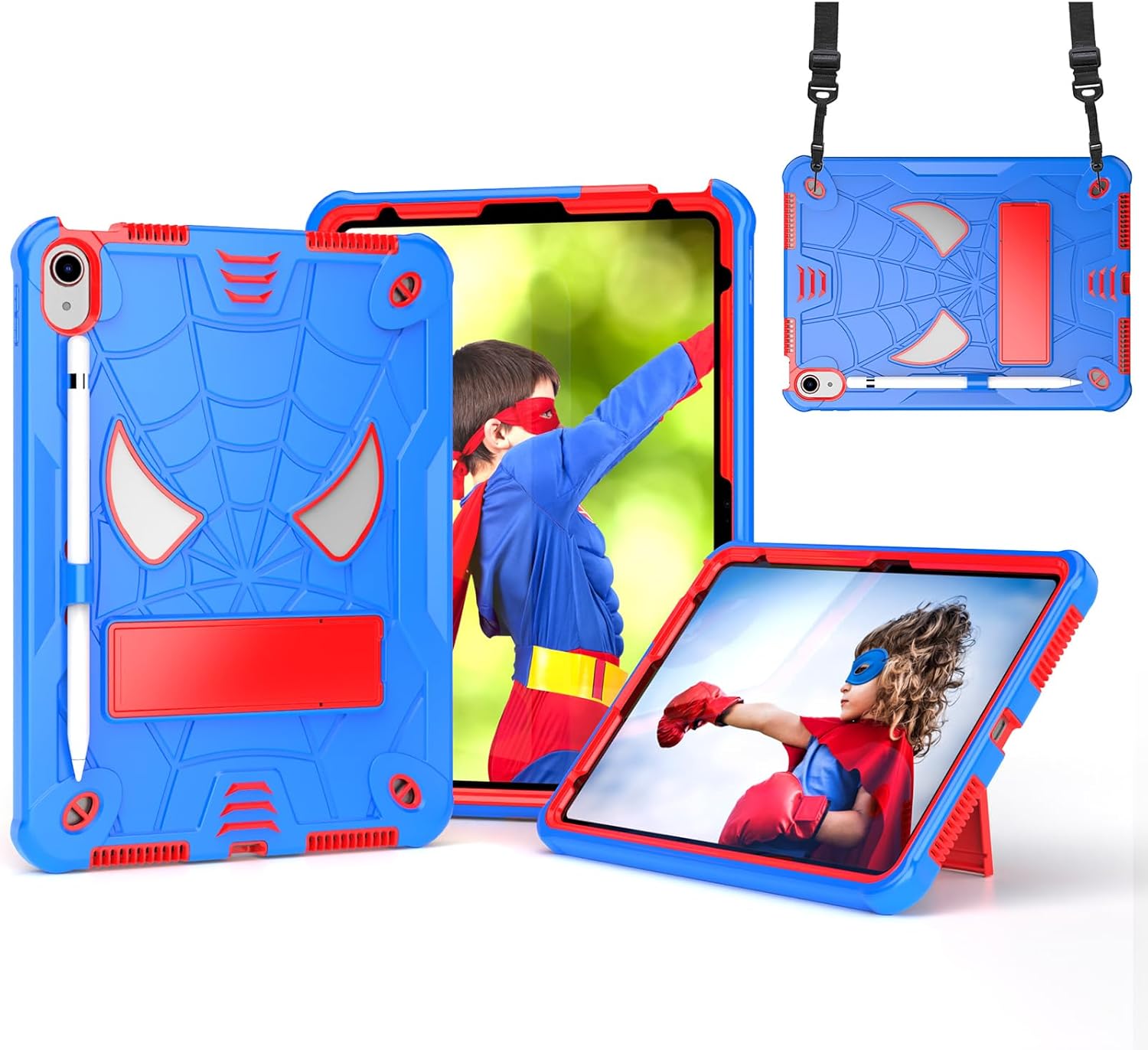 Dteck for iPad A16 Kids Case Boys,Cute Cartoon Spider Child Friendly Hard Kickstand Cover with Pencil Holder Shoulder Strap Shockproof Rugged Protective 10.9" 10 Gen Cool Case,Blue/Red