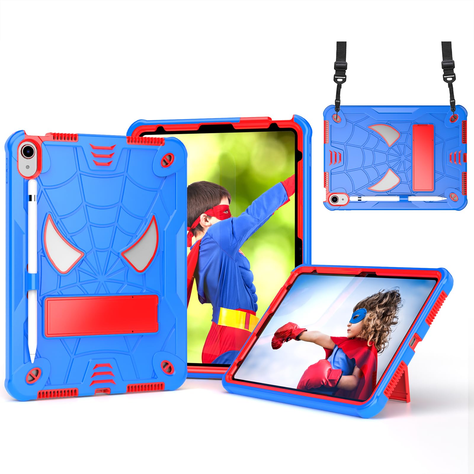 Dteck for iPad A16 Kids Case Boys,Cute Cartoon Spider Child Friendly Hard Kickstand Cover with Pencil Holder Shoulder Strap Shockproof Rugged