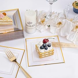 bUCLA 100PCS Clear Gold Plastic Square Plates - 6 Inch Clear Disposable Dessert/Cake Plates with Gold Trim - Ideal for Weddings,Birthday&Party