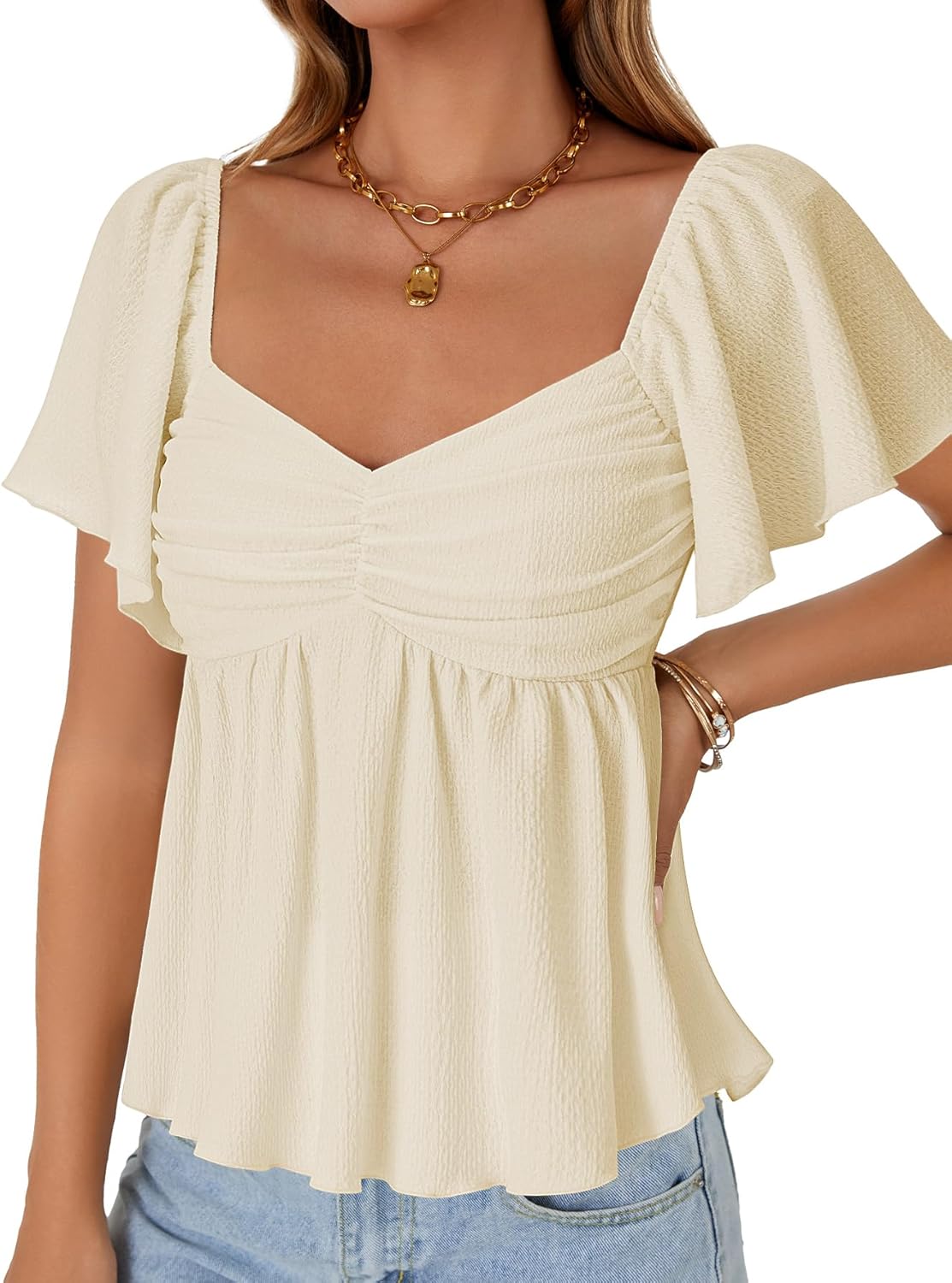 LYANER Women's Sweetheart Neck Ruched Ruffle Short Sleeve Peplum Weekend Blouse Top - Image 3