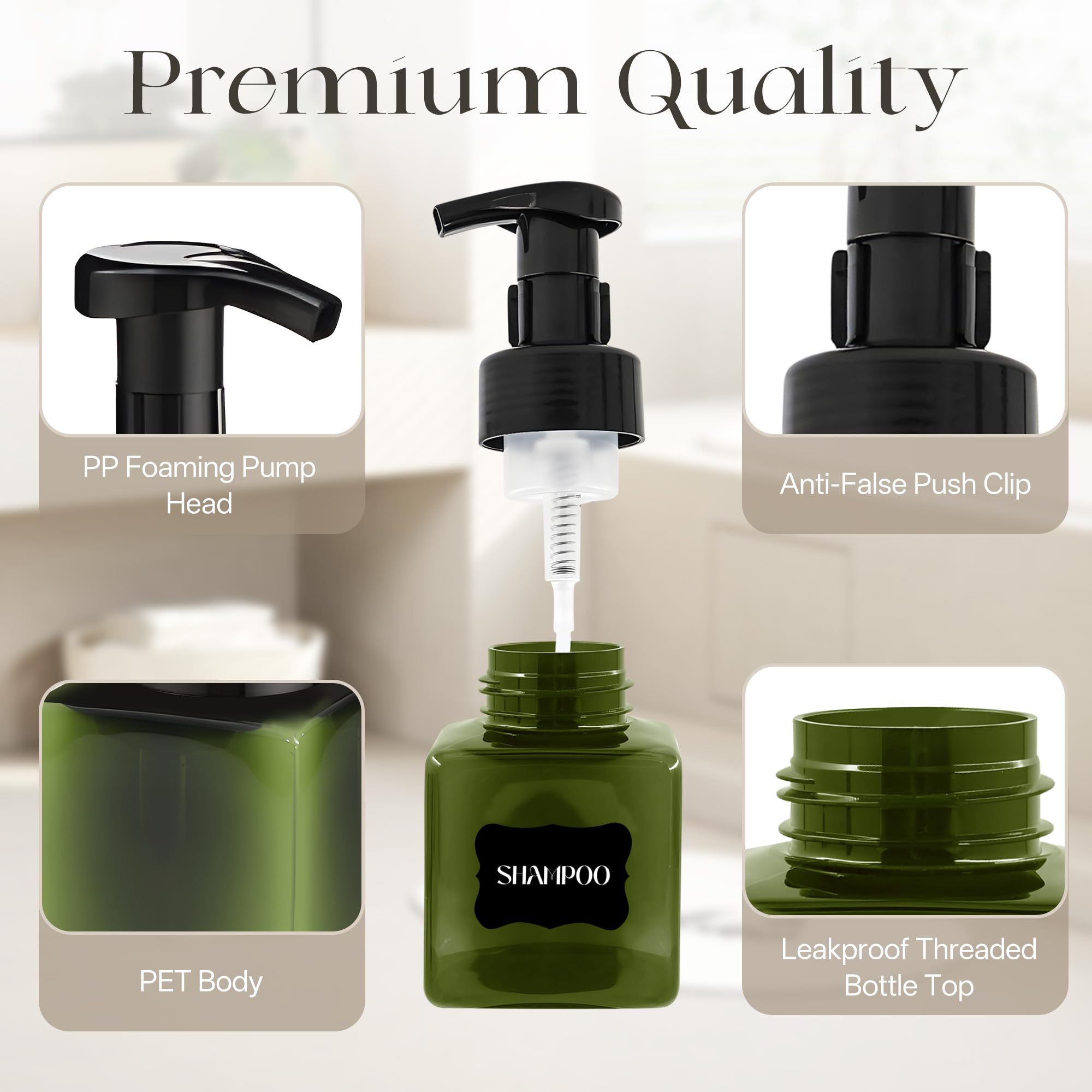 Schaumseifenspender-Set aus Kunststoff, nachfüllbarer Schaumseifenspender mit Kunststoffpumpe, leere Handseifenpumpflaschen für Flüssigseife, Shampoo, Badezimmer, Hotel (grün), 30 Stück (240 ml)