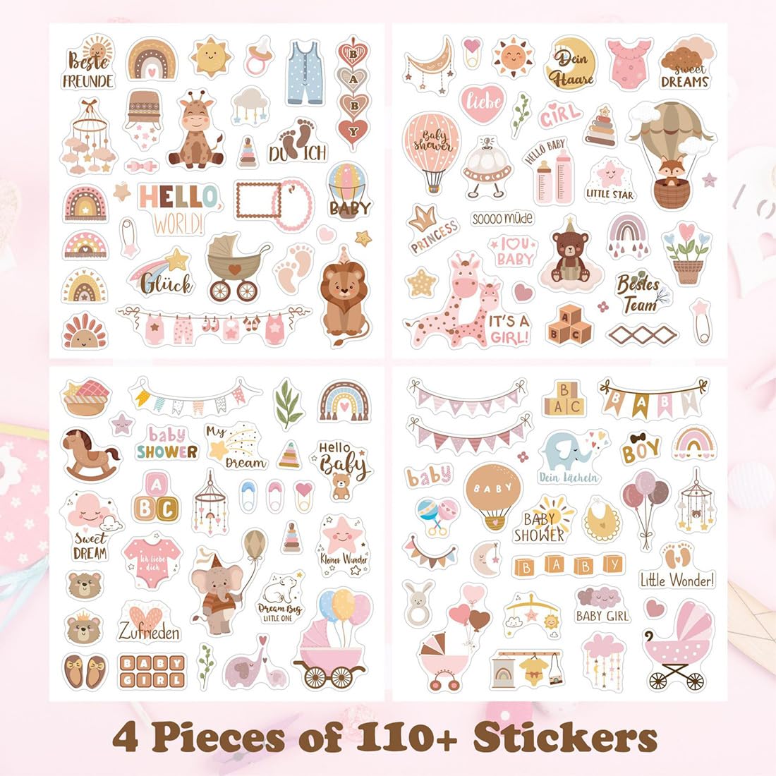 Lot de 4 feuilles 18×18cm d'autocollants pour Album Photo pour Bébé - Accessoires de Scrapbooking - Pour Baptême, Baptême, Fête Prénatale, Décoration pour Album Photo, Baptême
