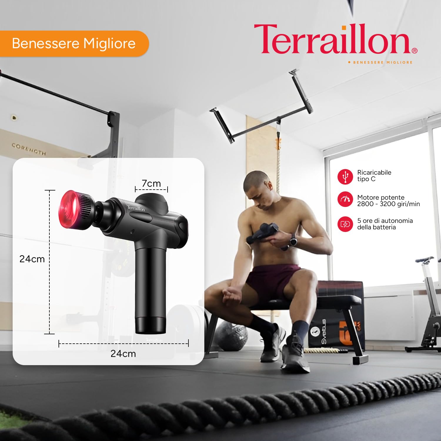 TERRAILLON - GUN MASSAGER EXPERT - Pistola massaggiante multizone, 20 velocità 2800-3200 RPM, schermo digitale, timer integrato, 5 punte in silicone di cui 1 caldo-freddo, USB-C, custodia inclusa,