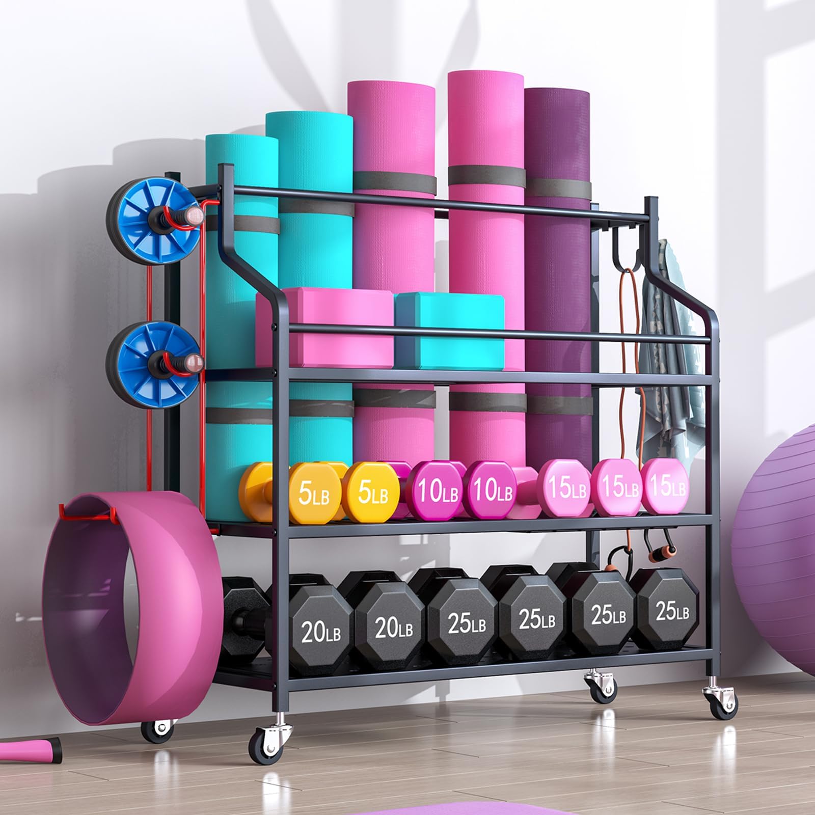 Yoga Mat Storage Rack Cart Multifunctional large Capacity Dumbbell Stable Steel Rolling Storage rack for Large Rolling Kettlebells Rope,Home Gym Workout Organizer Fitness Sports for Home