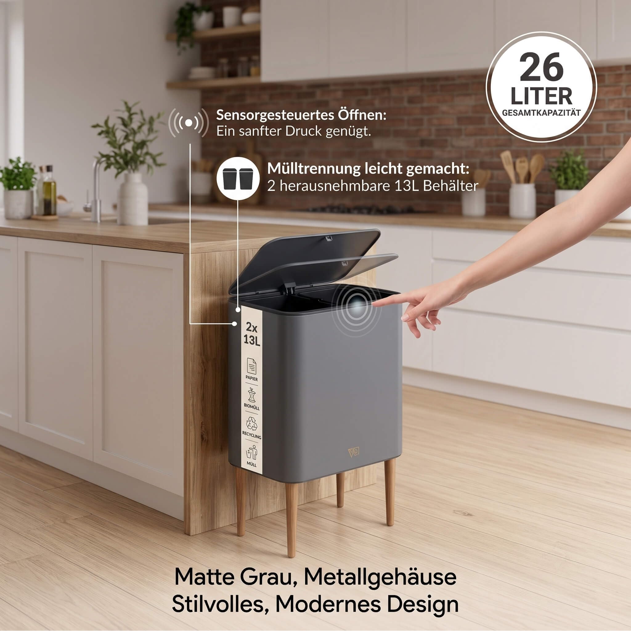 Vip Ahmet Nova Mülleimer Küche 2 Fächer. Touch-Abfalleimer mit Deckel. Küchenabfalleimer für Abfall & Recycling. Doppel Mülleimer (Matt Grau. 26L)