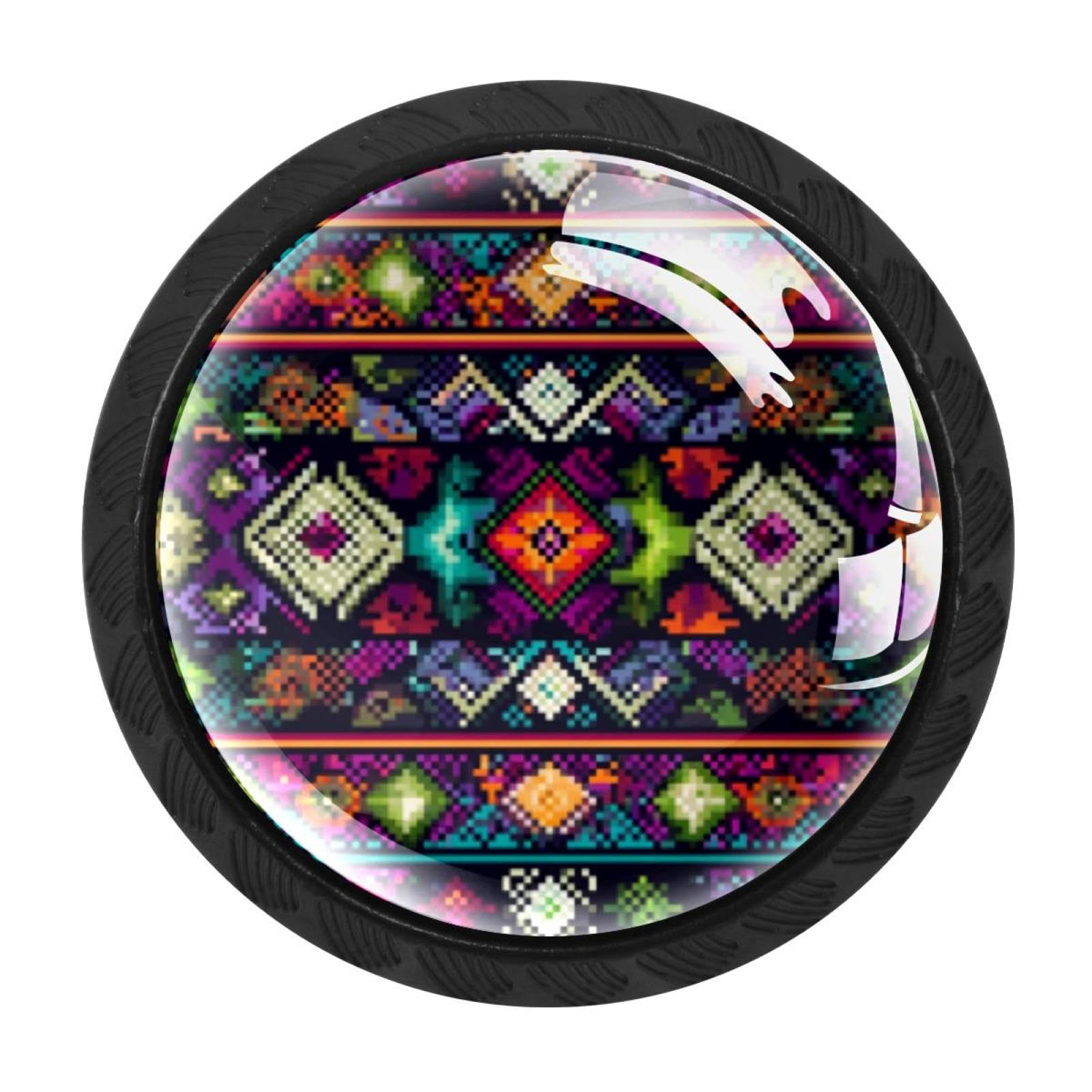 CHENZZZZ 4PCS Aztec Tribal Geometric (3) Drawer Knobs Round Glass Pulls Cabinet Handles Furniture Decorative for Home Office as Gifts for Valentines/Birthday/Anniversary