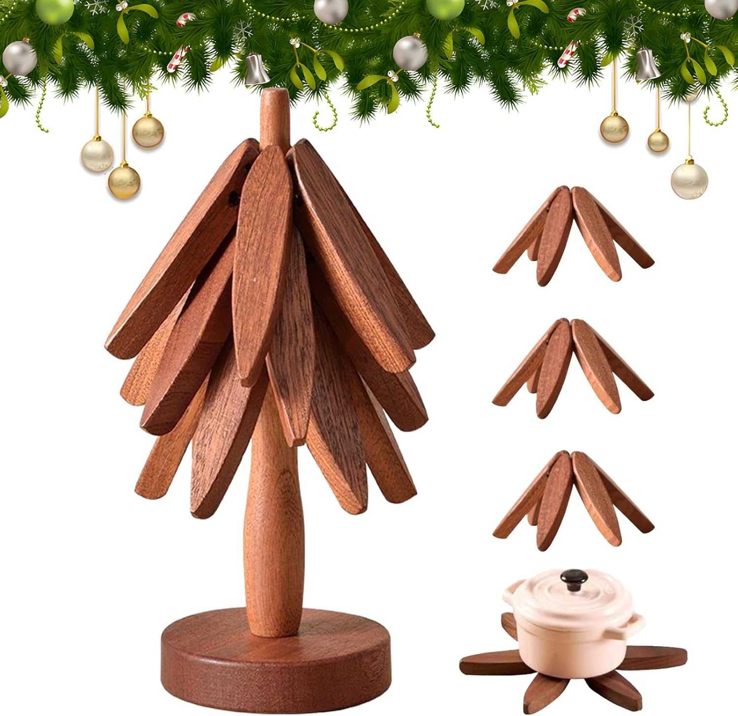Snugeasy 3 Trivets - A Wooden Trivet Tree Coasters Stackable, Christmas Tree Shaped 3/4/5+1 Natural Wood Heat Resistant Tree Coasters For Kitchen Xmas Decor (3 Trivets - A)