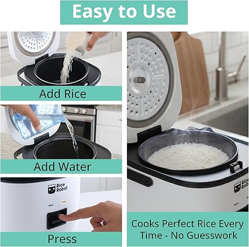 Miniatura 4 de Rice Robot - Arrocera personal, sin PFAS, antiadherente. Capacidad de 1 cuarto, con bandeja de vapor de acero inoxidable, tazas medidoras, libro de