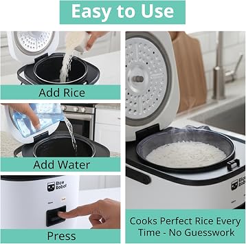 رايس روبوت طباخ الأرز الشخصية، خالية من Pfas، نونستيك. سعة ربع لتر، مع صينية بخار من الفولاذ المقاوم للصدأ، وأكواب قياس، وكتاب وصفات يحتوي على 60 وصفة، وملعقة تقديم، كما يظهر على شاشة التلفزيون