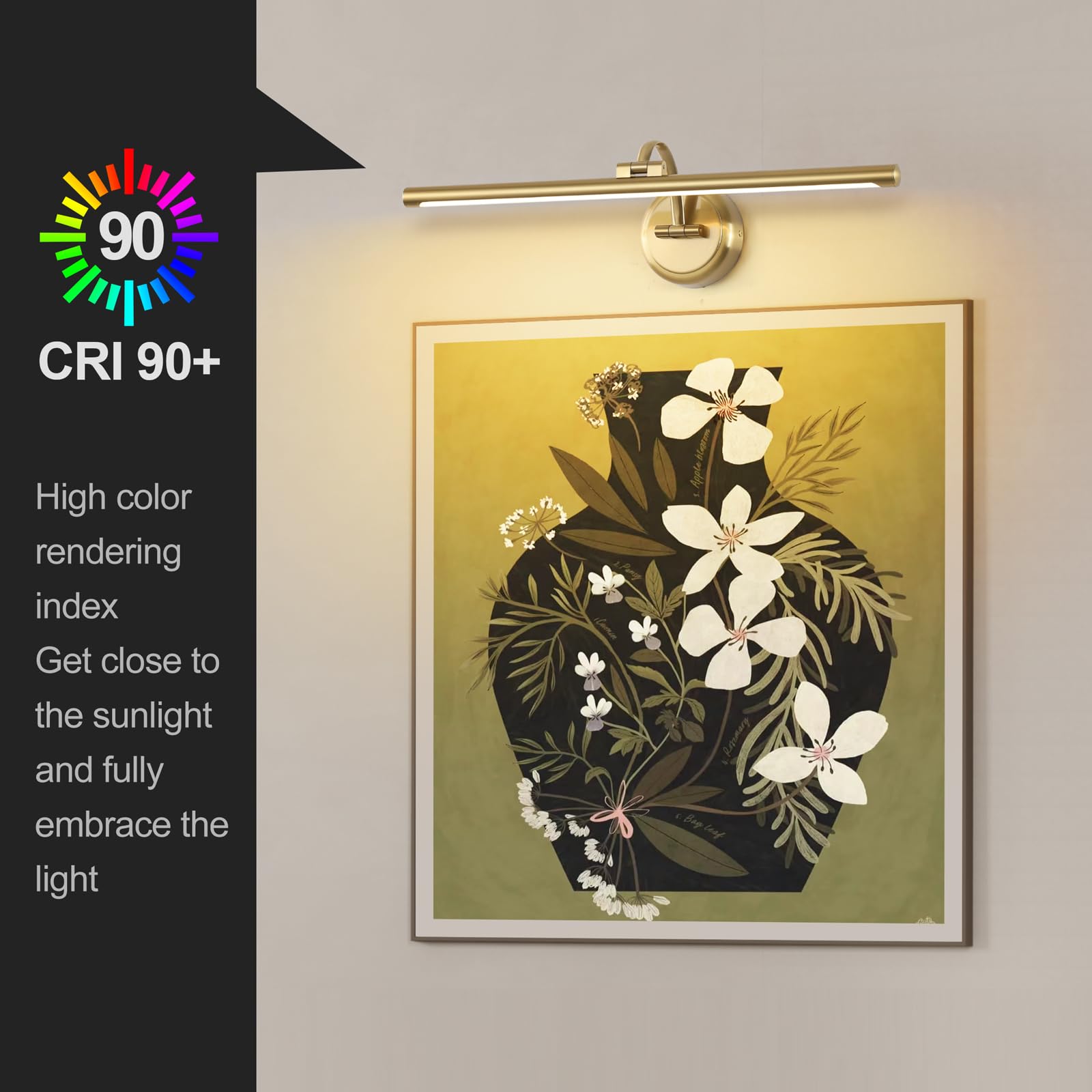 Hard-Wired Picture Lights 23.62 Inch Dimmable LED Wall Art Lighting Modern Brass Gallery Light Poster Lights Adjustable Swing Arm Picture Frame Light For Display Art Work, 14W, 2700K, Warm White