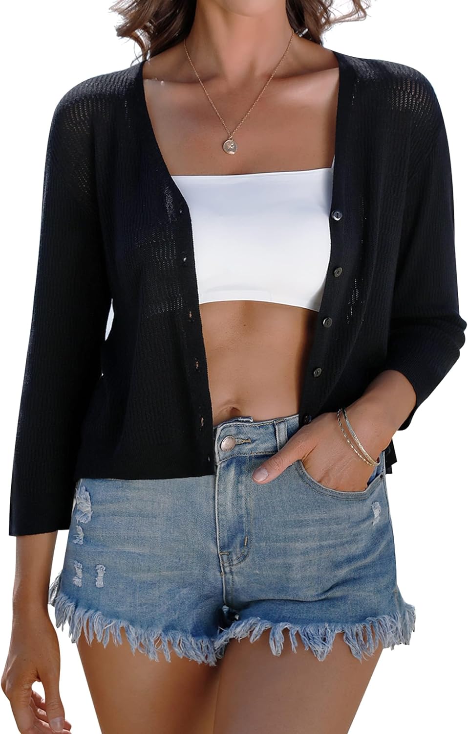 iClosam Womens Summer Lightweight Cropped Cardigans 3/4 Sleeve Knit Shrug V Neck Button Down Cardigans Sweaters