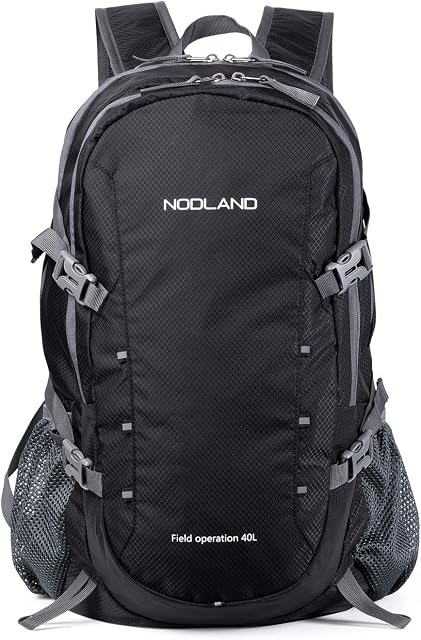 NODLAND Light Weight Backpack, 40L Foldable Water-Resistant Daypack, Hiking Outdoor Camping Rucksack for Men and Women, Large Capacity Black
