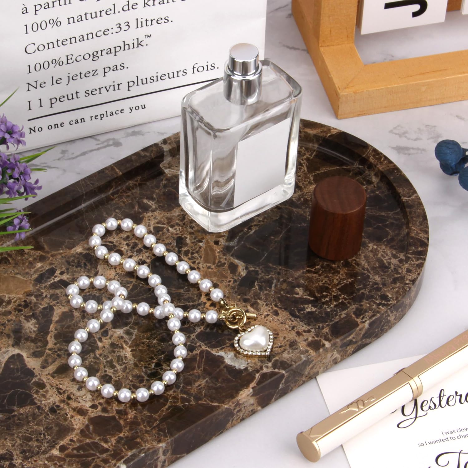Bandeja Ovalada de Mármol, Marrón Oscuro, 30 x 15 x 2 cm | Natural, Lujo, Bandejas Baño, Decorativas para Perfume, Joyas, Maquillaje, Tejidos, Toallas, Plantas