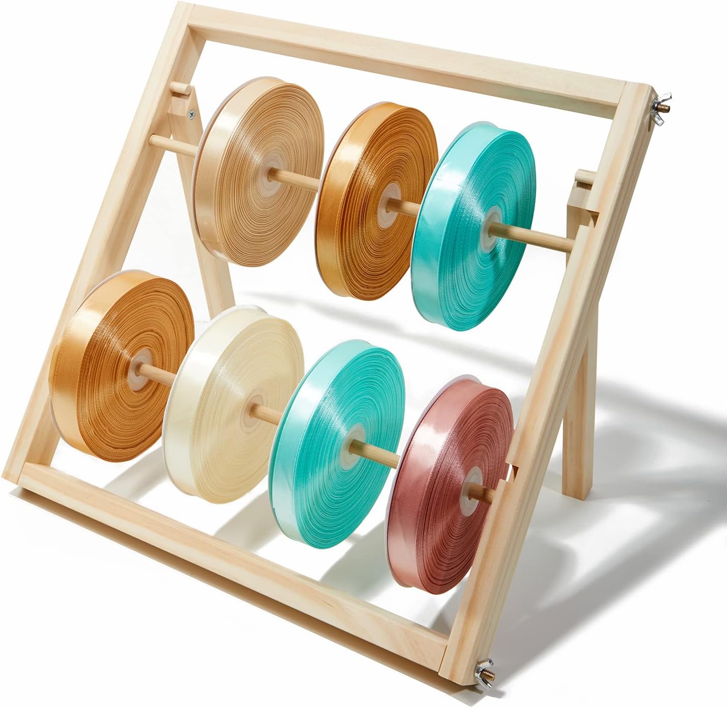 Klxuyuo Wooden Craft Ribbon Storage Rack - Green, Blue, Yellow, Orange - Medium Size - Rustic Style - Tabletop - 1 Shelf - Ideal for Craft Room, Home Office - No Assembly Required