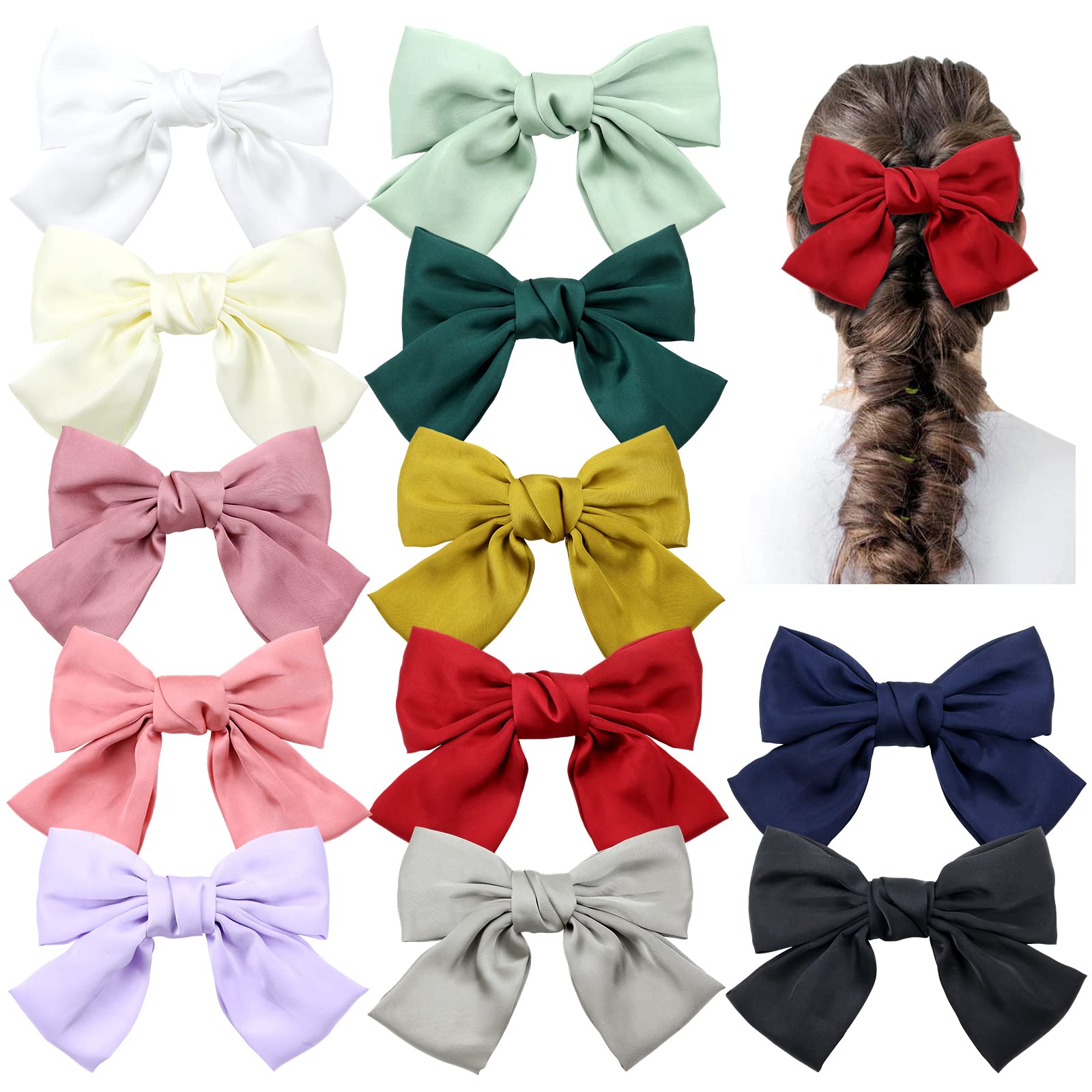 Dizila 12 Pack Solid Large Satin Hair Bow Clips Big Bow French Barrettes Snap Alligator Hair Clips Barrettes Hair Accessories for Women Girls Teens