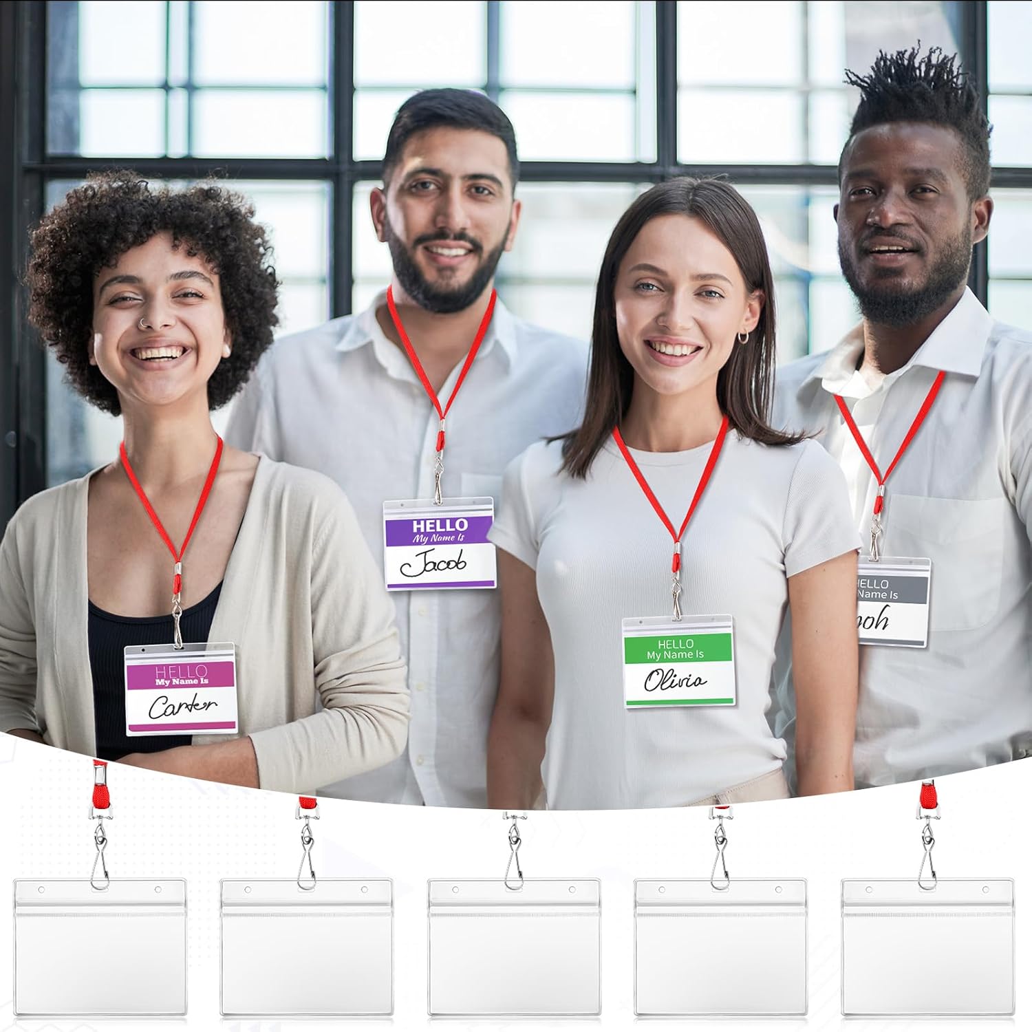 Patelai 100 Sets 6 x 4 Inch Badge Holder with Lanyard Horizontal Name Tag Lanyard with ID Holder Waterproof Clear Name Badge for Office Workers Volunteers (Red)