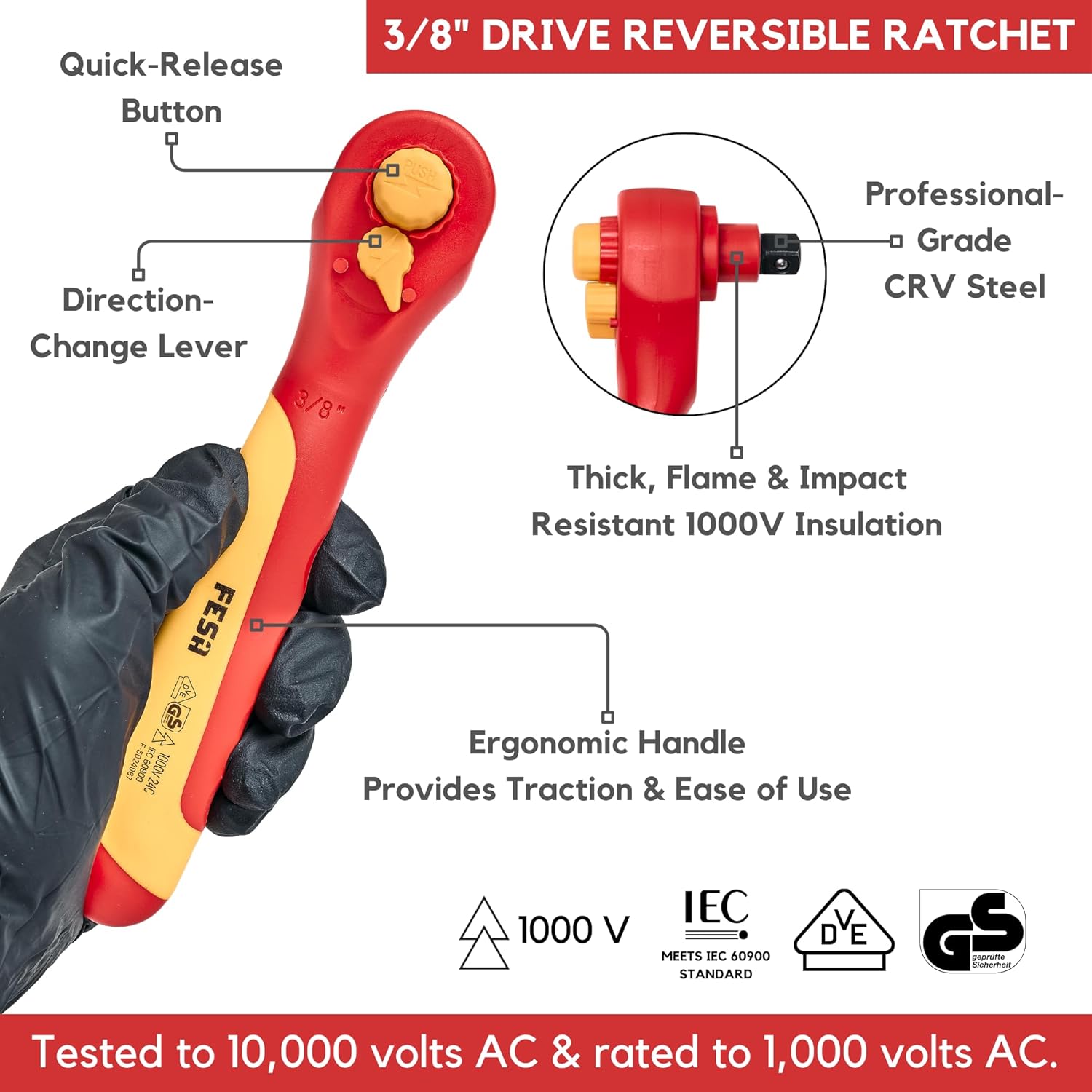 FESA Electrician Insulated Socket Set - 1000V 20-Piece Professional Insulated Ratchet & Socket Wrench Set (3/8" Drive) w/T-Handle, Extension & 4 Hex Bits - 1000 Volt Tools for Electricians