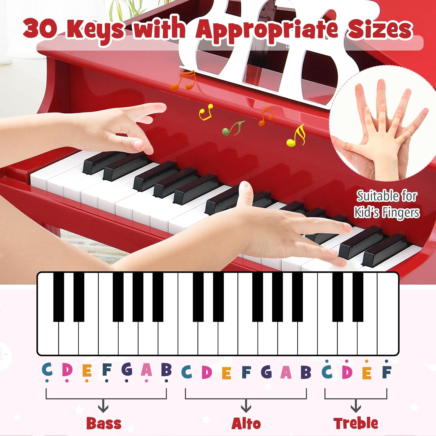 GLACER Kids Piano, 30 Keys Mini Grand Piano with Music Stand and Stool, Classical Electronic Educational Musical Instrument for Girls Boys Ages 3+ (Red)