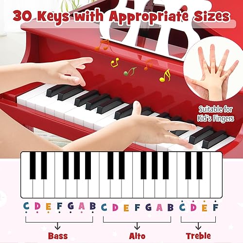 Miniatura 3 de Costzon Piano clásico para niños, piano de cola de madera de 30 teclas con soporte de música y banco, mini juguete musical para niños, ideal para