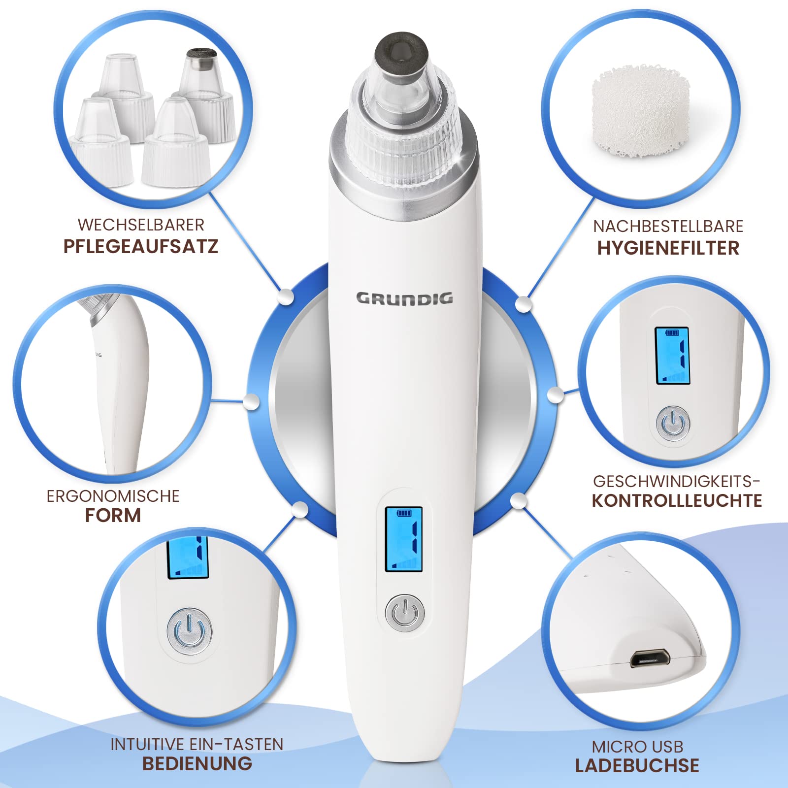 GRUNDIG Porenreiniger Mitesserentferner - Mitesser dauerhaft und schnell entfernen - Akku Porensauger mit 5 Wirkstufen, Hygienefilter 4 Profi Sauger Pflegeaufsätzen I Blackhead Remover (Gerät), Weiß
