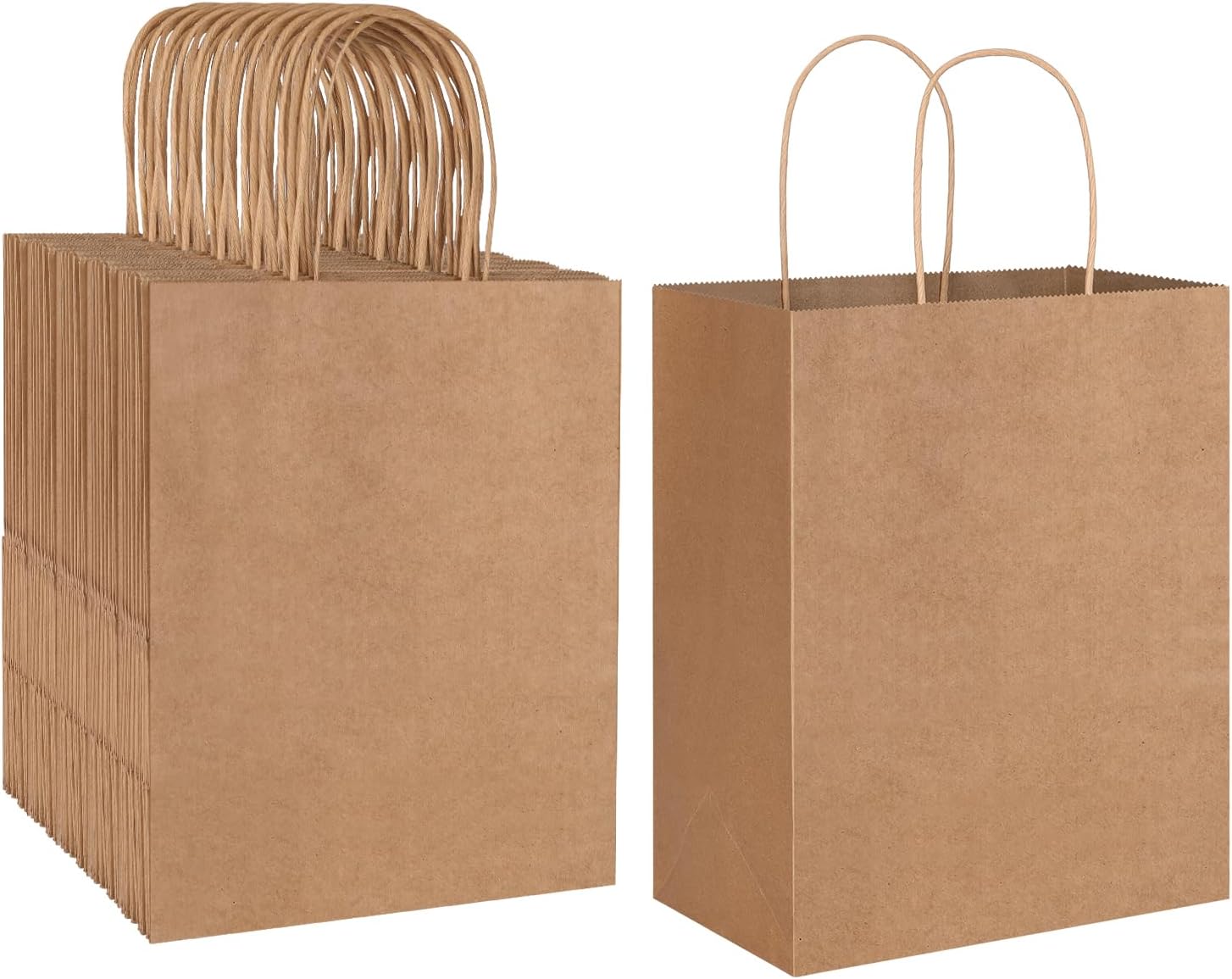 Oikss 100 Pack 8x4.75x10 Inch Medium Brown Kraft Paper Bags with Handles Bulk for Wedding Birthday Party Favors Grocery Retail Shopping Business Goody Craft Gift Bags Sacks (Plain Natural 100 Count)
