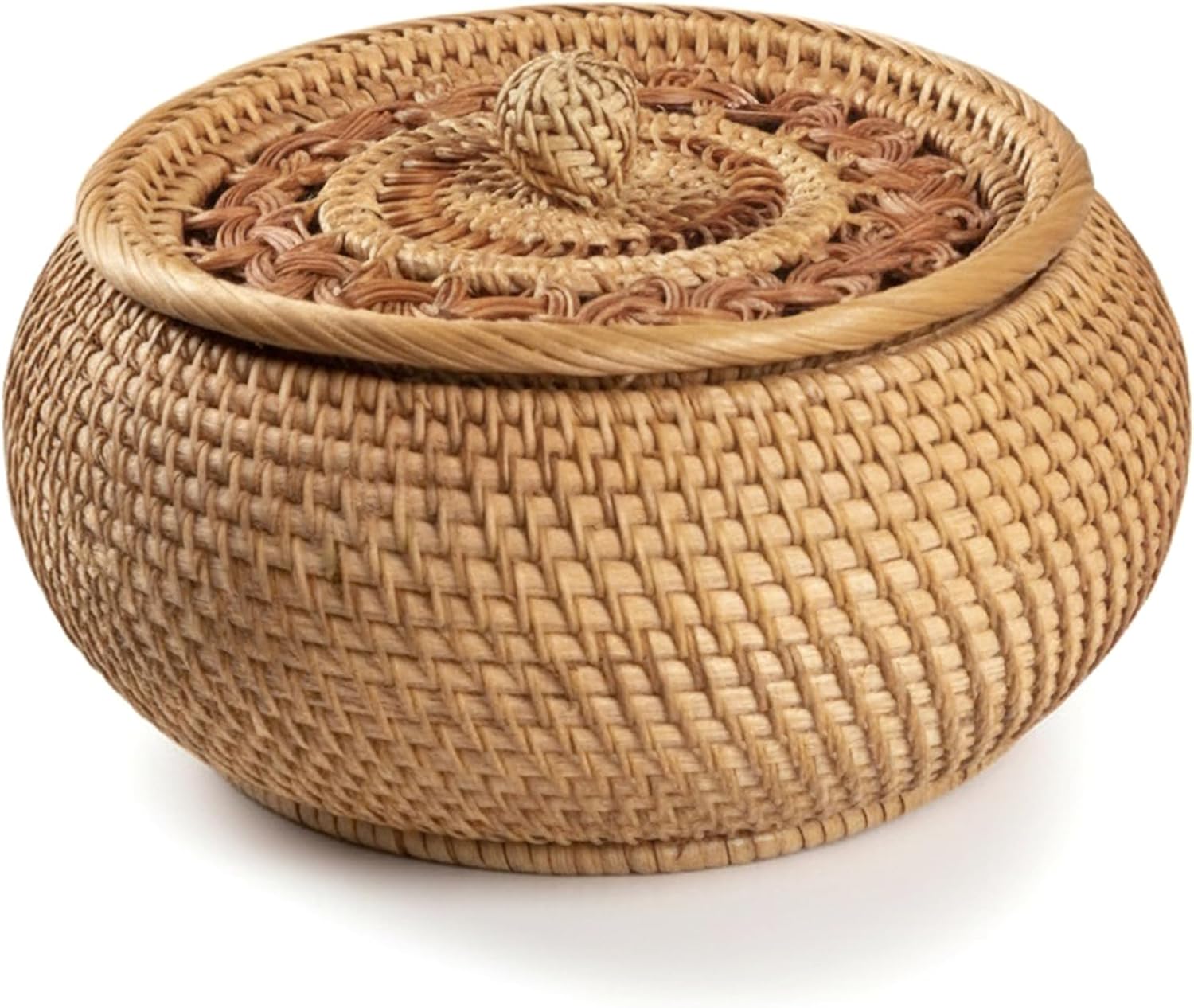 Wicker Basket with Lid, 9.5x5.1 Inch Round Natural Rattan Bread Basket Decorative Woven Storage Container for Kitchen, Living Room-