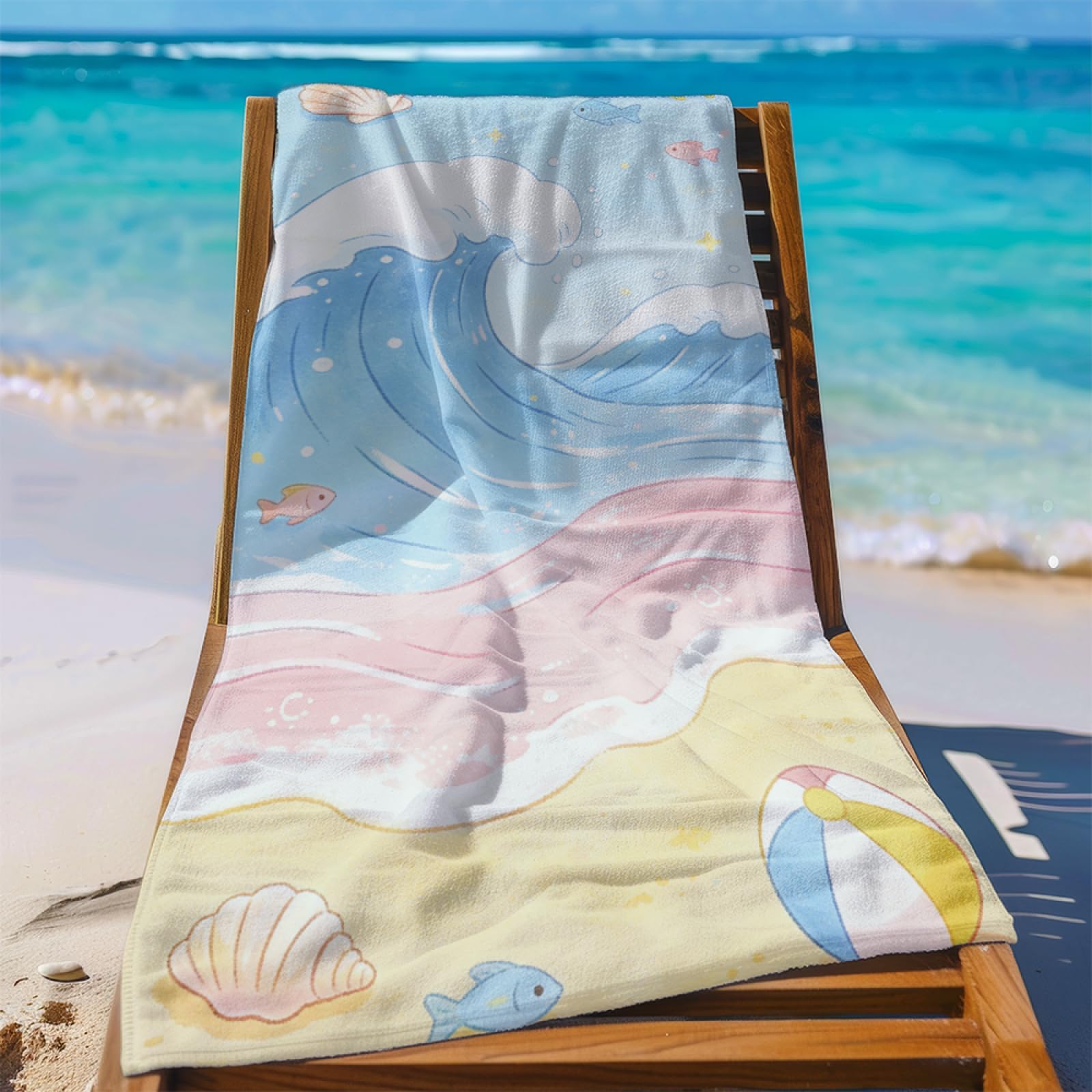 Fouta PlagePlage Jaune Bleu Vagues Modèle Surdimensionné avec Diverses Tailles, Respirante et Portable, Parfaite pour Voyages Sorties Piscine et Usage Extérieur Quotidien 90x160 cm