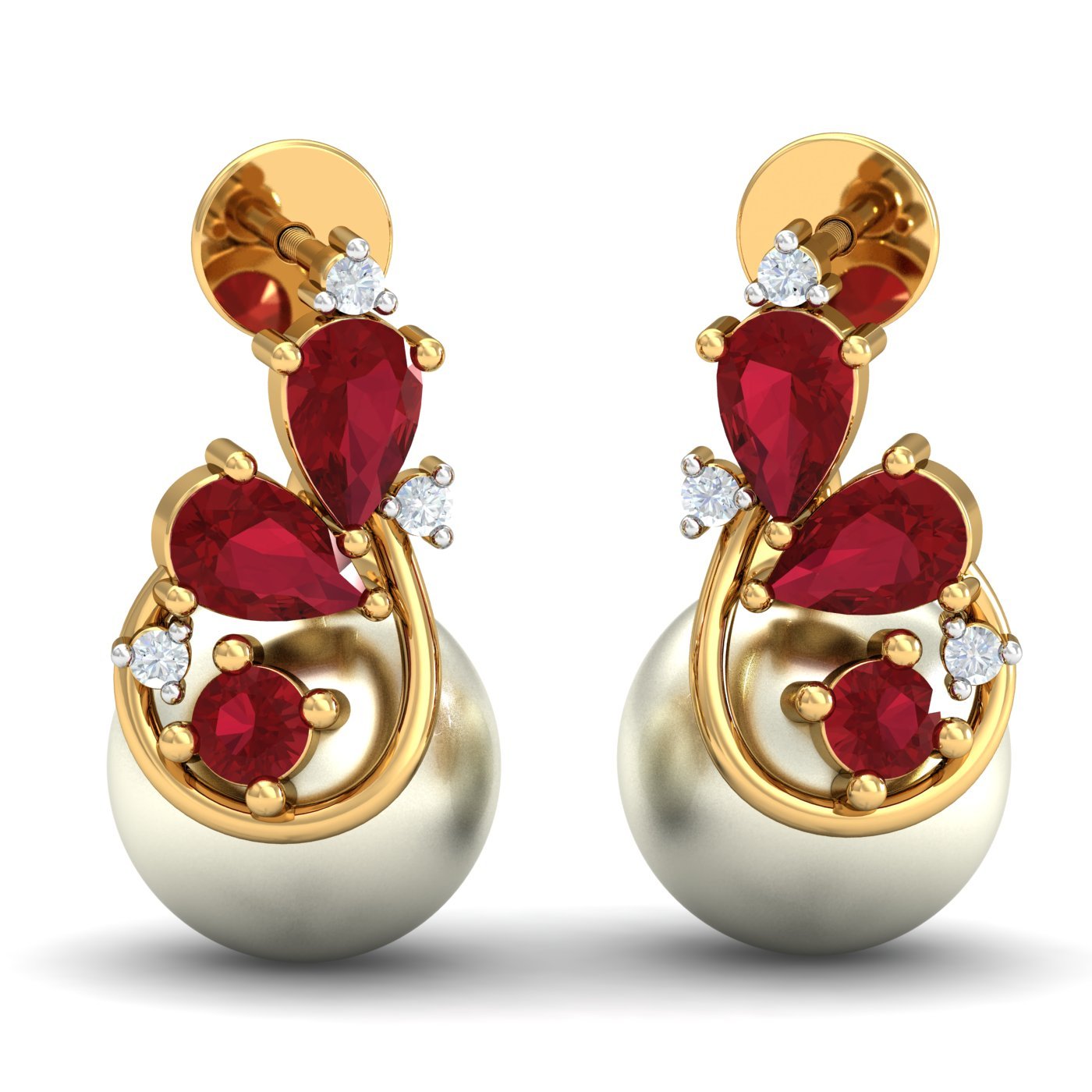 14KT Yellow Gold Diamond Augure Ruby Pearl Stud Earrings for Women-image-20