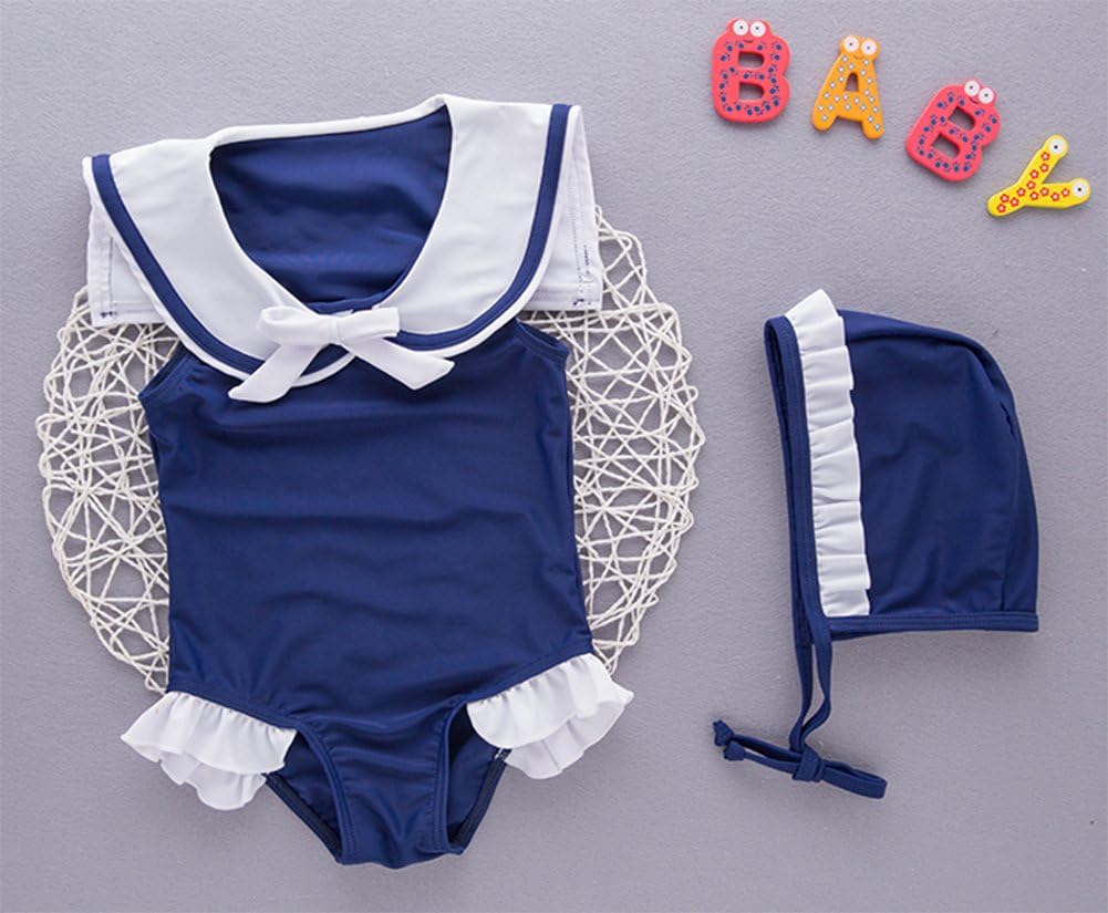 stylesilove Baby Girl Sleeveless Navy Sailor Swimsuit and Hat 2-pc Swimwear Girls Bathing Suit