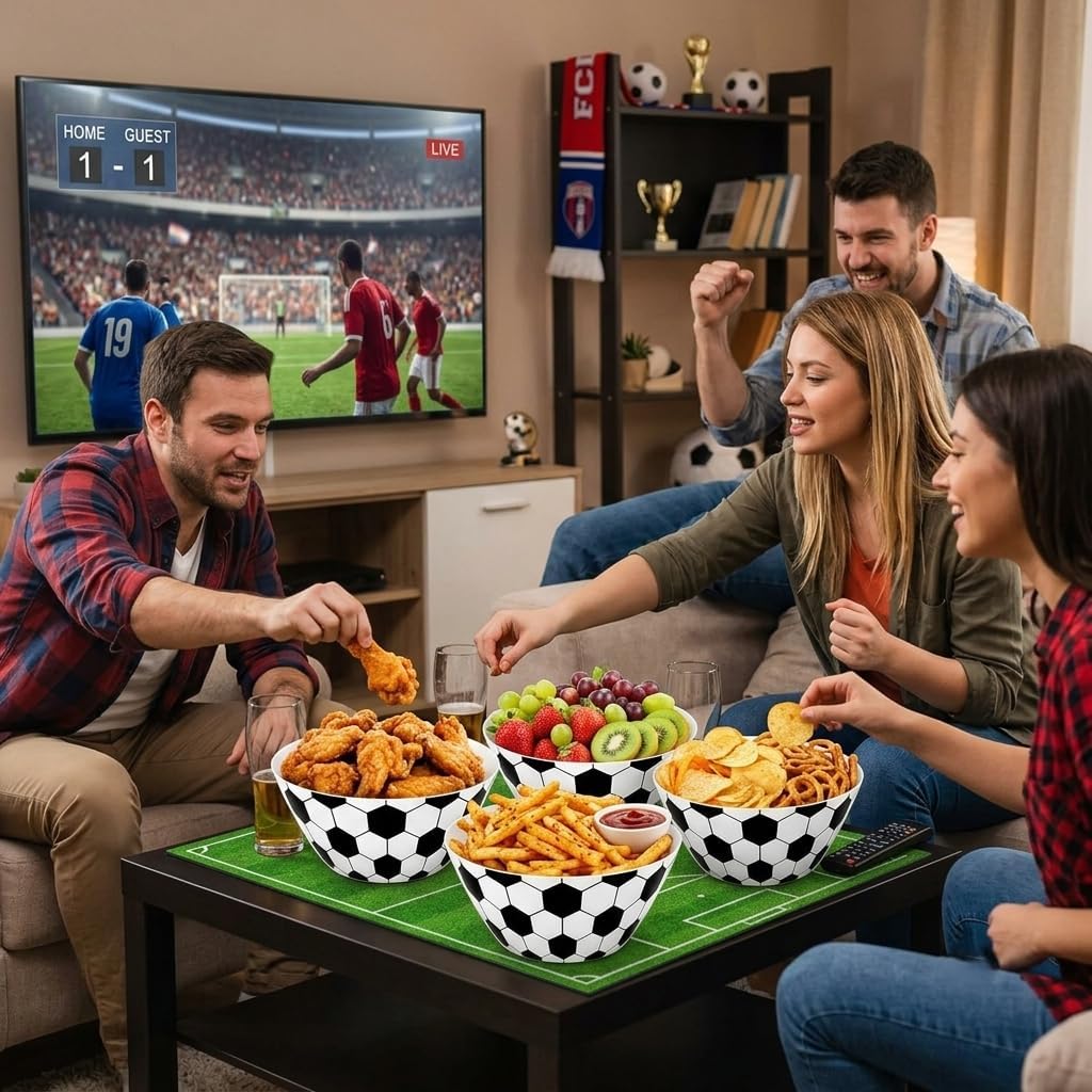 4 Pack Large Soccer Ball Snack Bowls - 10 x 4.3 In Reusable Melamine Soccer Serving Bowl for Party, Game Day, Birthday, Tailgating & Sports Events (Soccer)